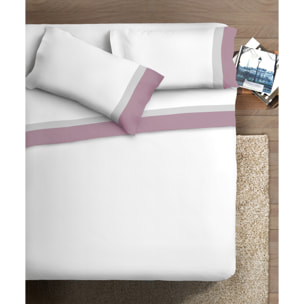 Completo letto doppia balza RASO IPERSAN Puro Cotone Malva/Grigio CH fondo Bianco