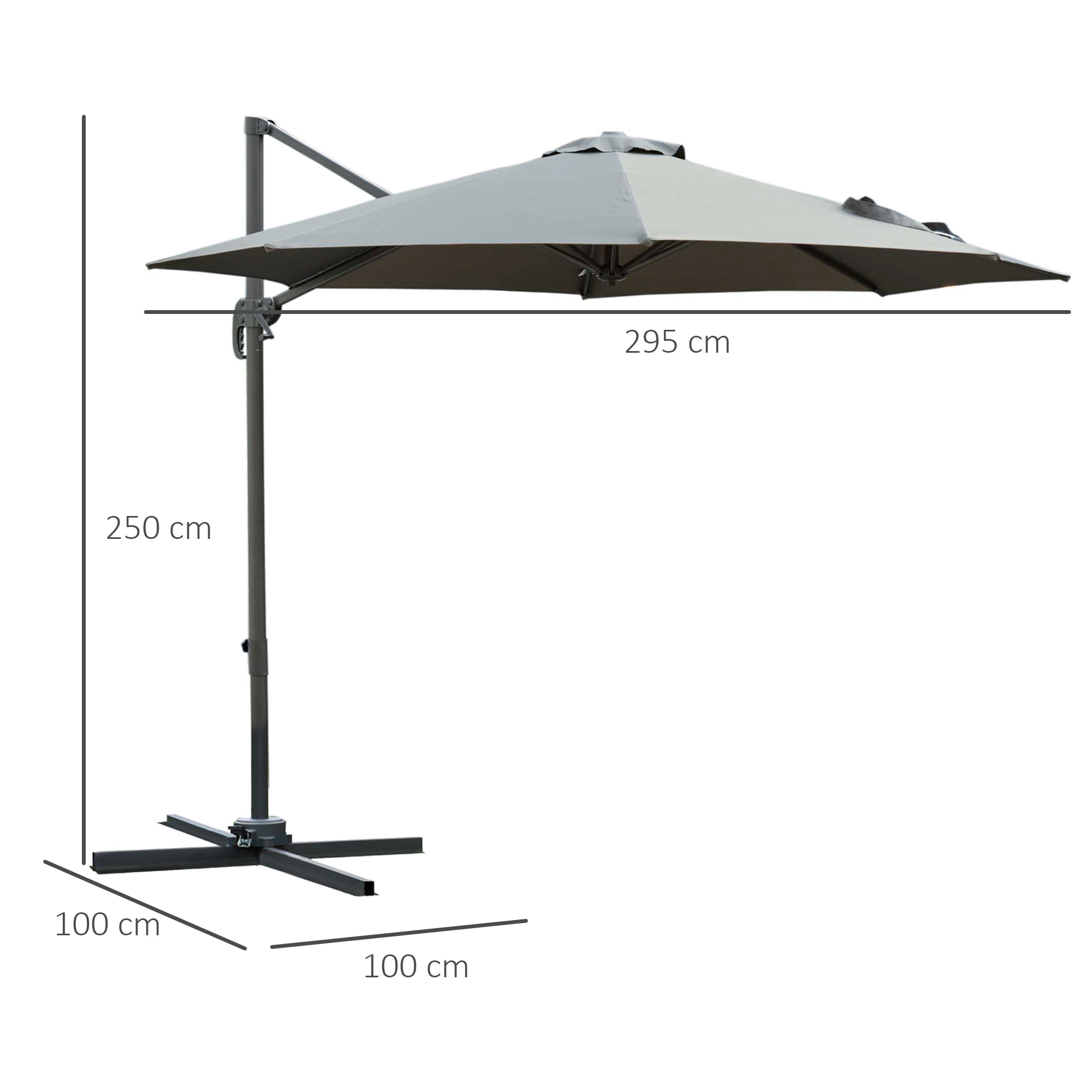 Parasol déporté octogonal inclinable rotatif 360° manivelle piètement acier mât alu. dim. Ø 2,95 x 2,5H m polyester haute densité gris