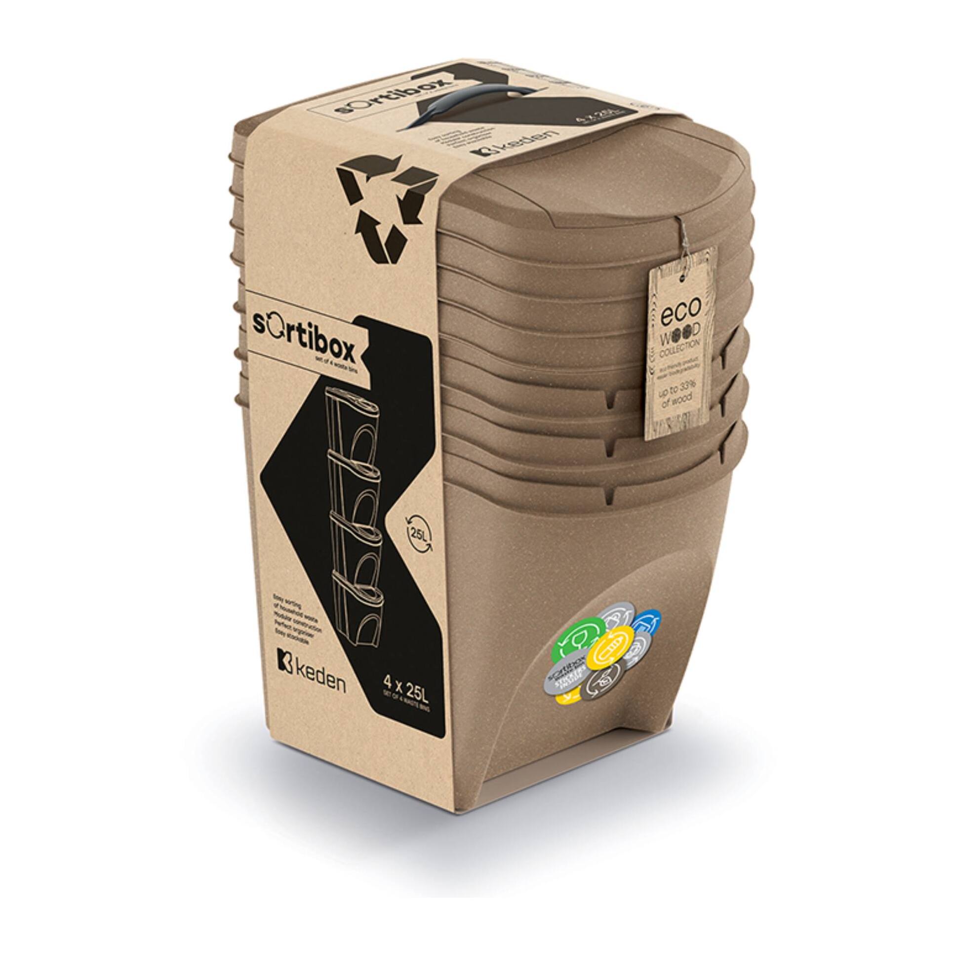 Set de 3 cubos de basura papelera reciclaje, marrón eco, volumen 3x25l