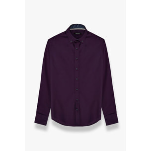 camicia uomo 1 bottone button down slim Satin Unito Viola Melanzana