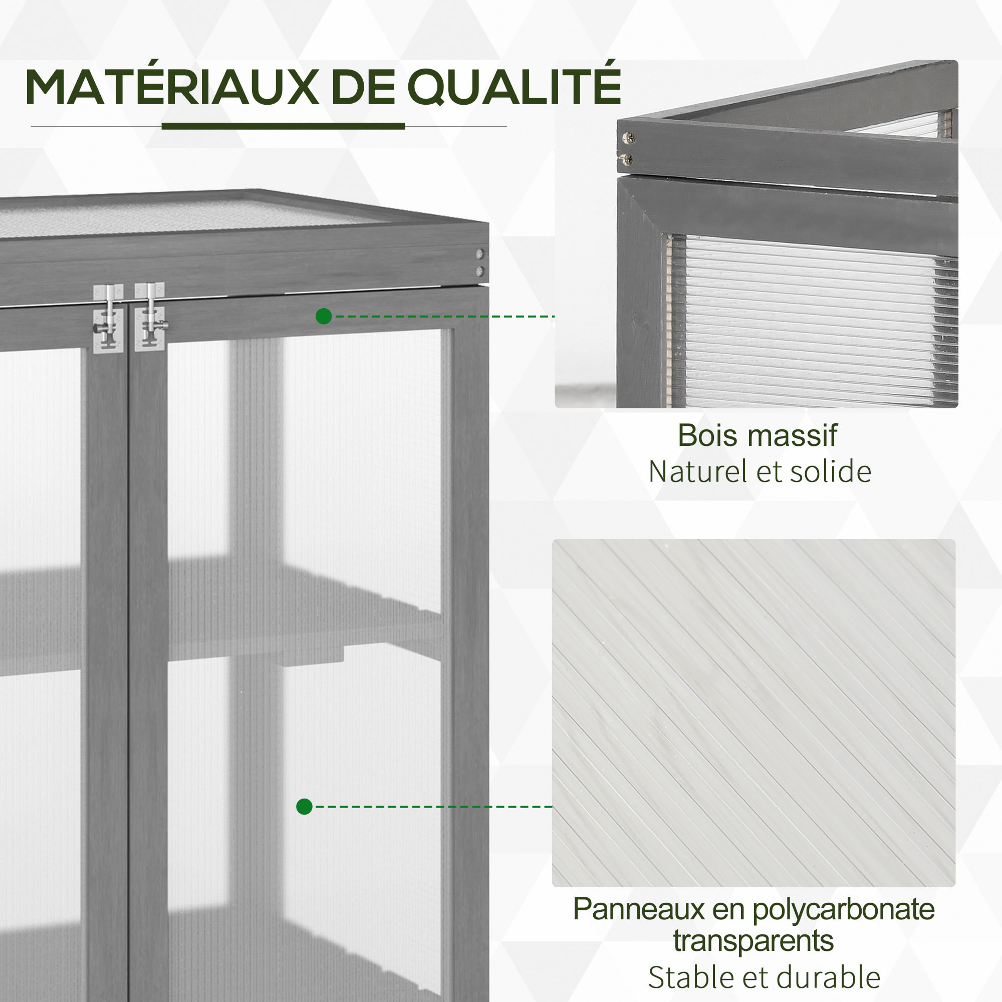 Mini serre de jardin 3 niveaux dim. 76L x 47l x 110H cm double porte toit ouvrant bois sapin lasuré gris polycarbonate