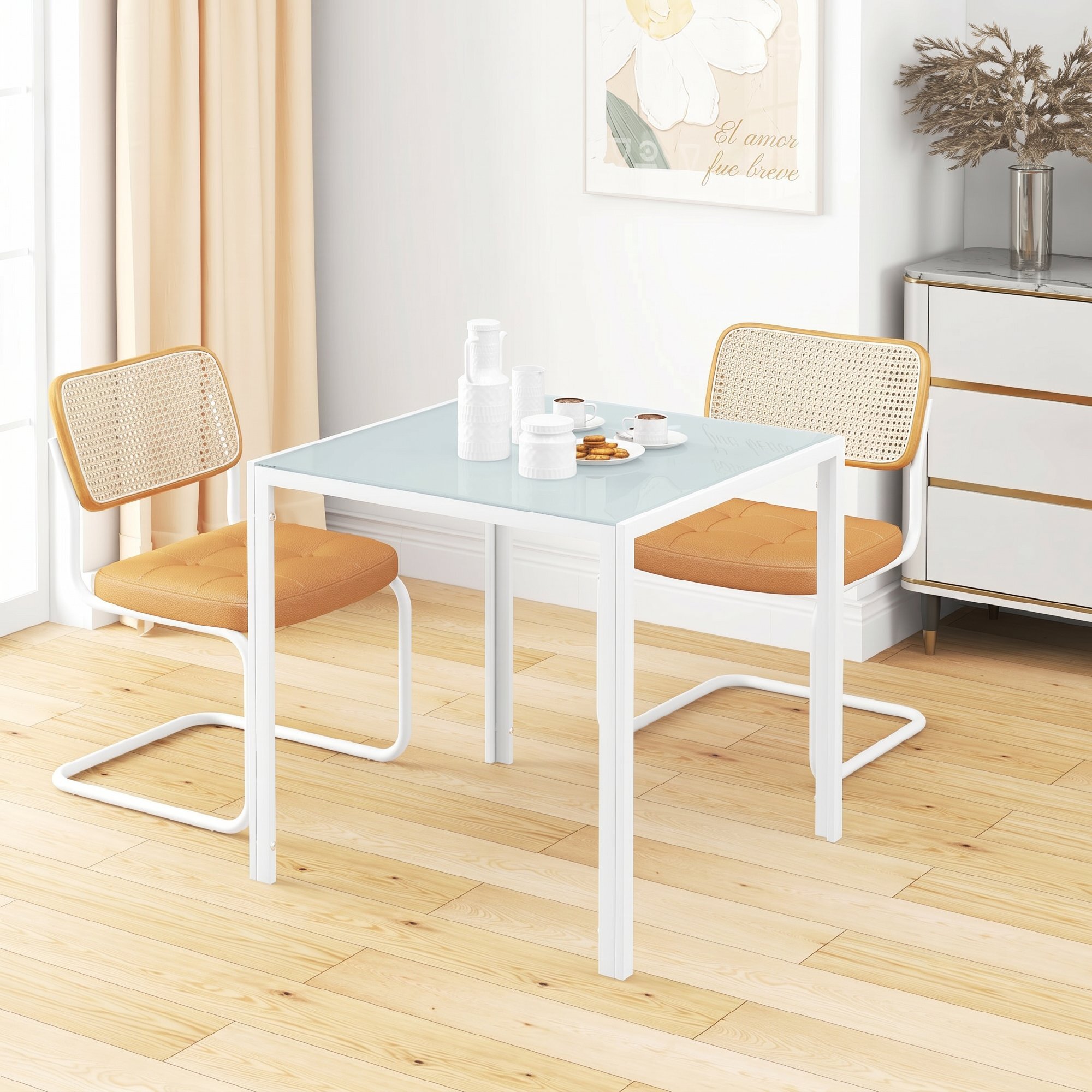 HOMCOM Mesa de Comedor de Cristal, Mesa Cuadrada para 4 Personas con Patas de Metal, para Cocina, Salón, 75x75x75 cm, Blanco