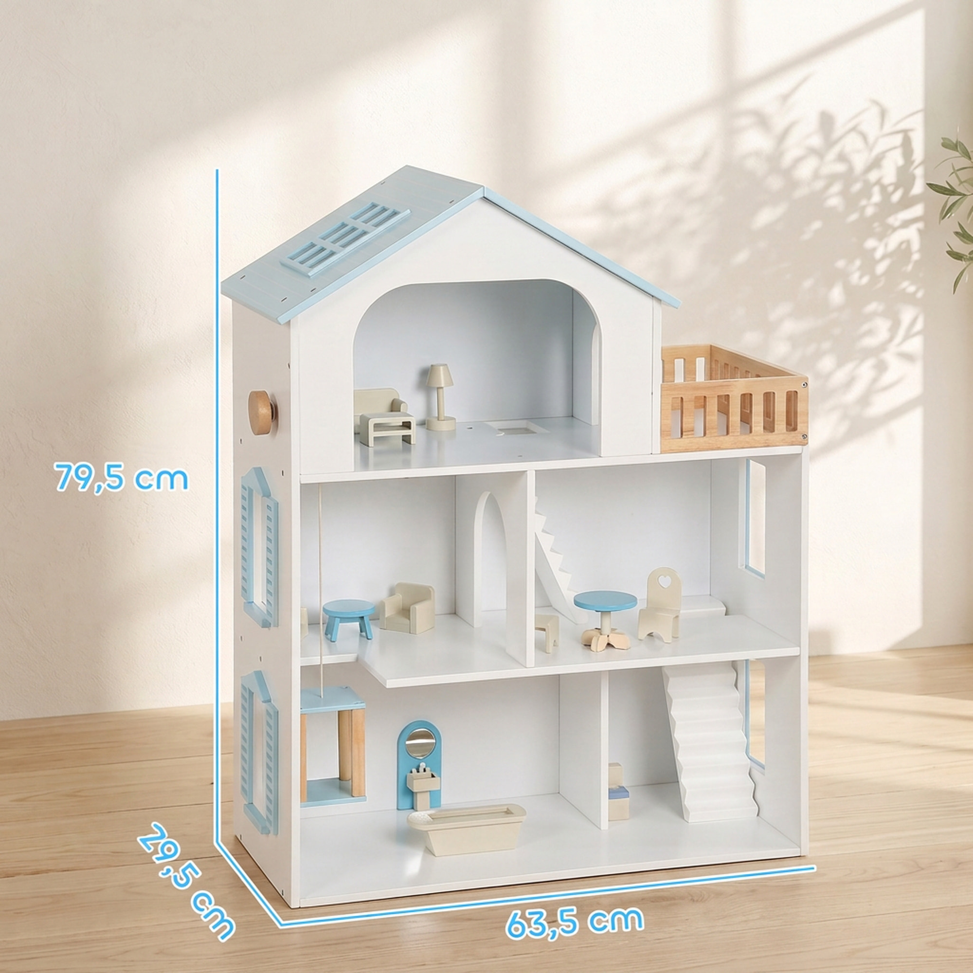 AIYAPLAY Casa de Muñecas de Madera de 3 Pisos con Ascensor y Balcón, 5 Habitaciones y 13 Muebles, Casita de Muñecas para Niñas, Juguete de Imitación para Niños de 3 a 6 Años, Azul