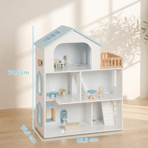 AIYAPLAY Casa de Muñecas de Madera de 3 Pisos con Ascensor y Balcón, 5 Habitaciones y 13 Muebles, Casita de Muñecas para Niñas, Juguete de Imitación para Niños de 3 a 6 Años, Azul