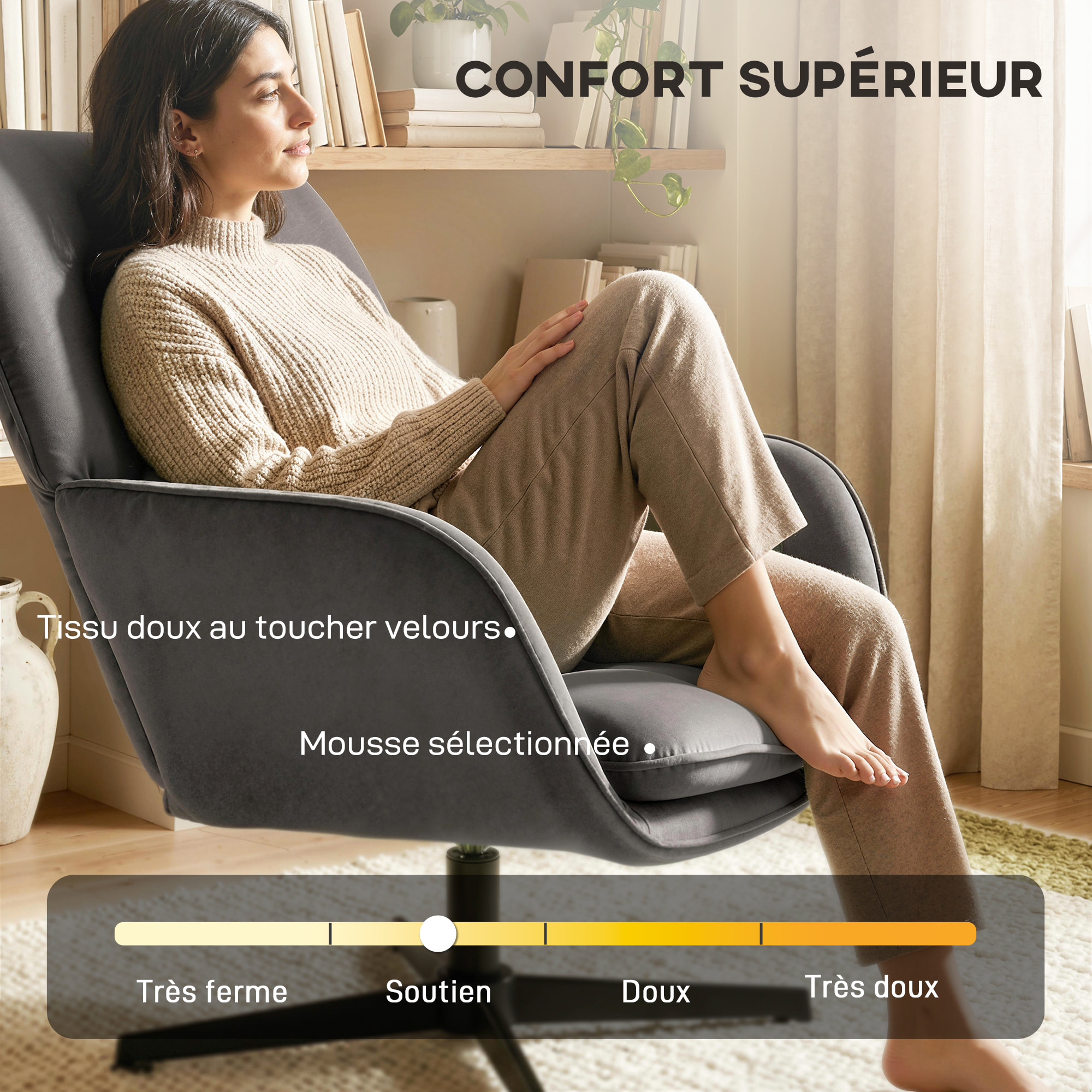 Fauteuil lounge design pivotant acier noir velours anthracite