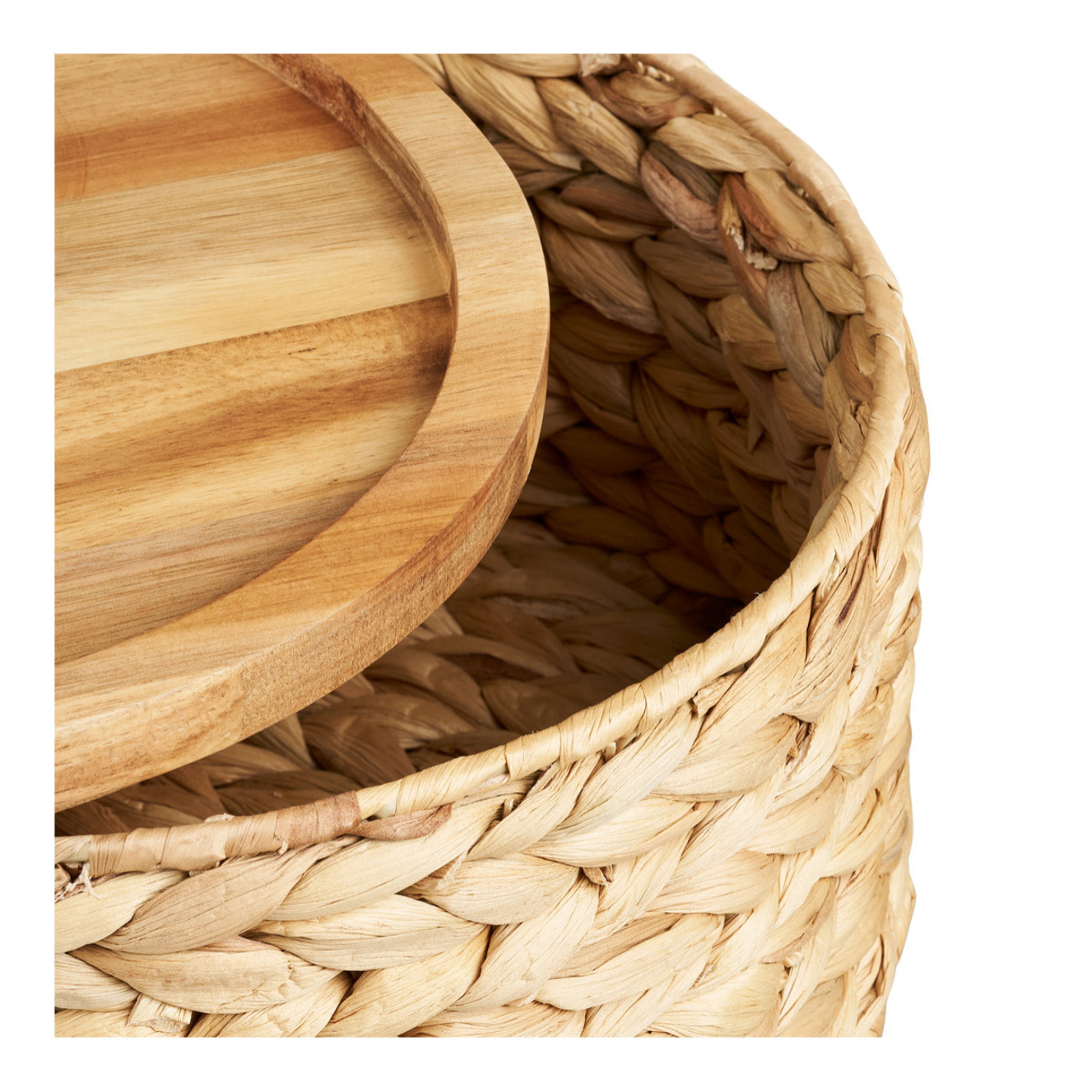 Set 3 ceste Botofte in giacinto d'acqua naturale con coperchio in legno — ø20, ø26 e ø30 cm