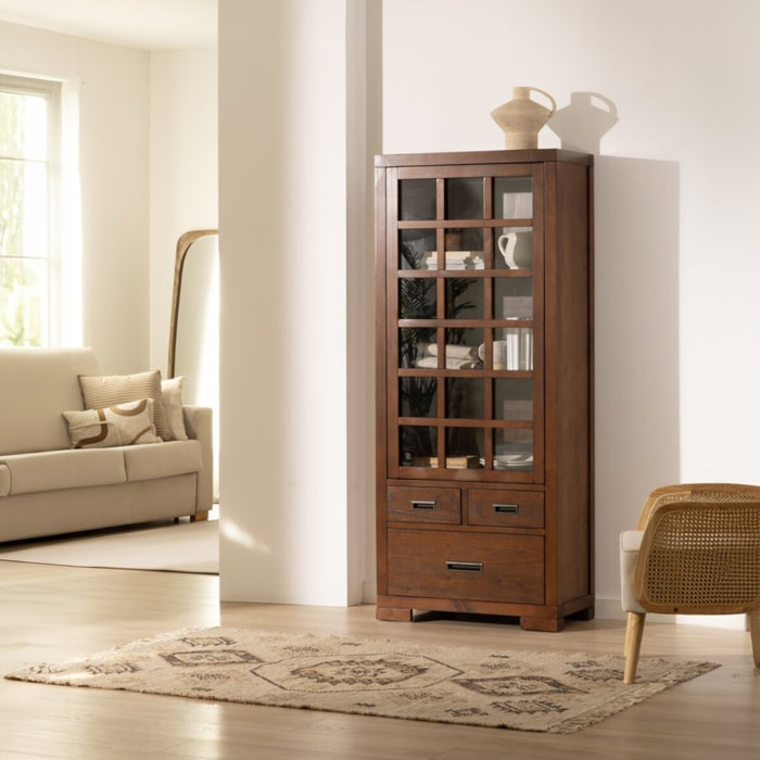 Vitrine Kenia -bois massif de mindi et placage naturel de mindi-couleur teck 75 x 180 x 40 cm