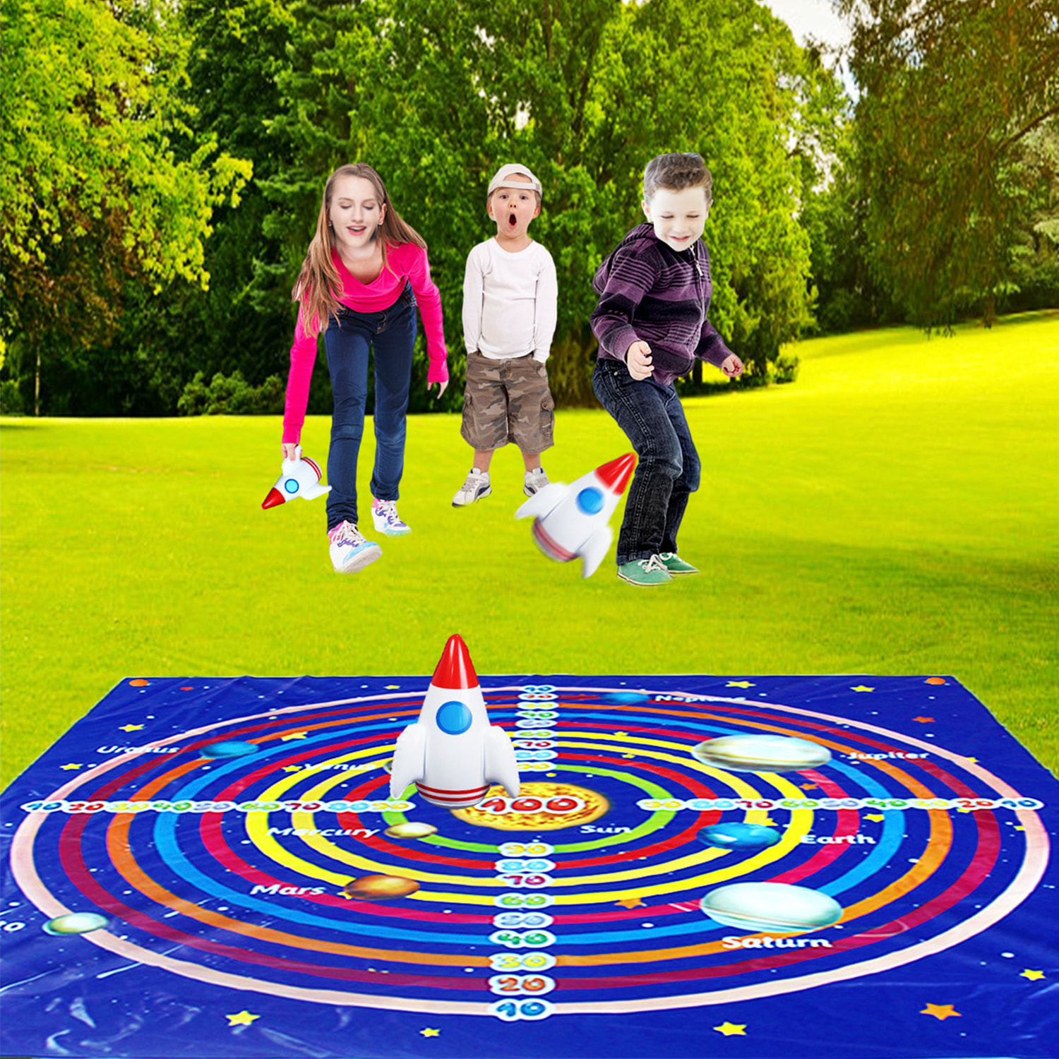 DAM Lanzamiento espacial de cohetes: juego de puntería, incluye 1 manta diana y 3 cohetes hinchables. 48x48x10 Cm. Color: Azul Oscuro