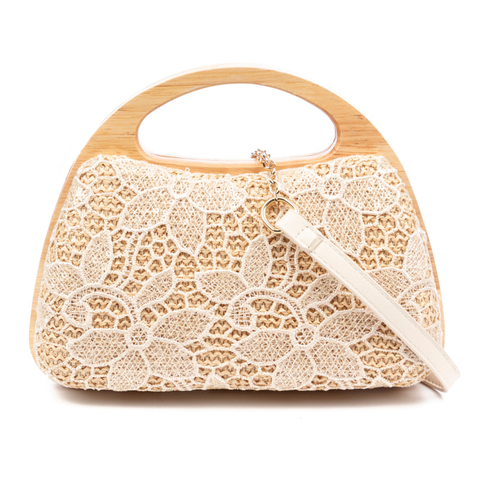 Ausa borsa a mano realizzata in legno naturale, con carta intrecciata e juta, design a rete in tessuto floreale.