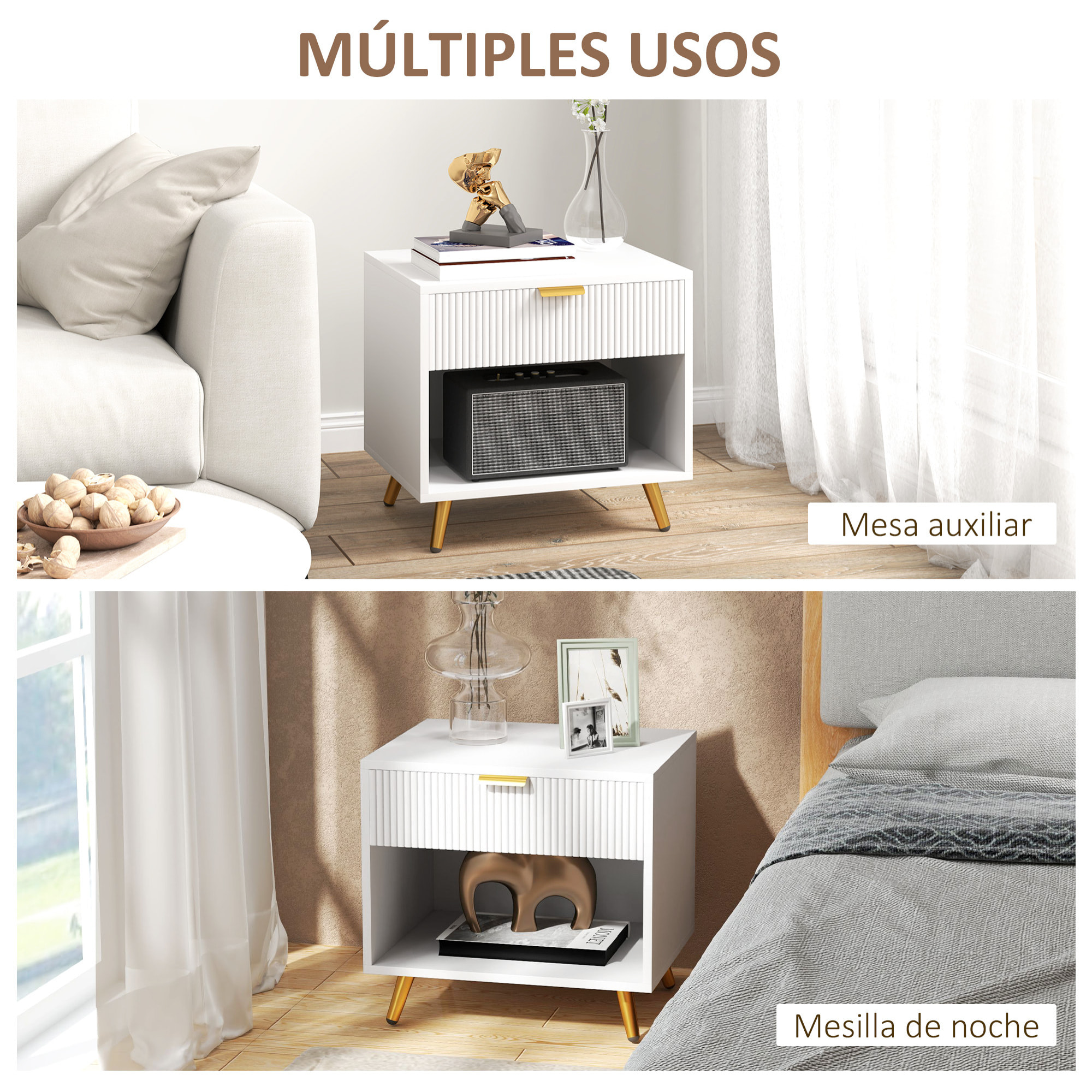 Mesita de Noche Moderna Mesilla de Noche con Cajón Mango Dorado y Compartimento Abierto Mesa Auxiliar para Dormitorio Salón 50x40x47 cm Blanco