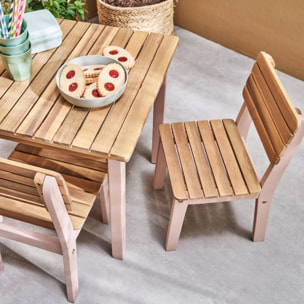 Table en bois d'acacia pour enfant. rose. intérieur et extérieur avec 2 chaises