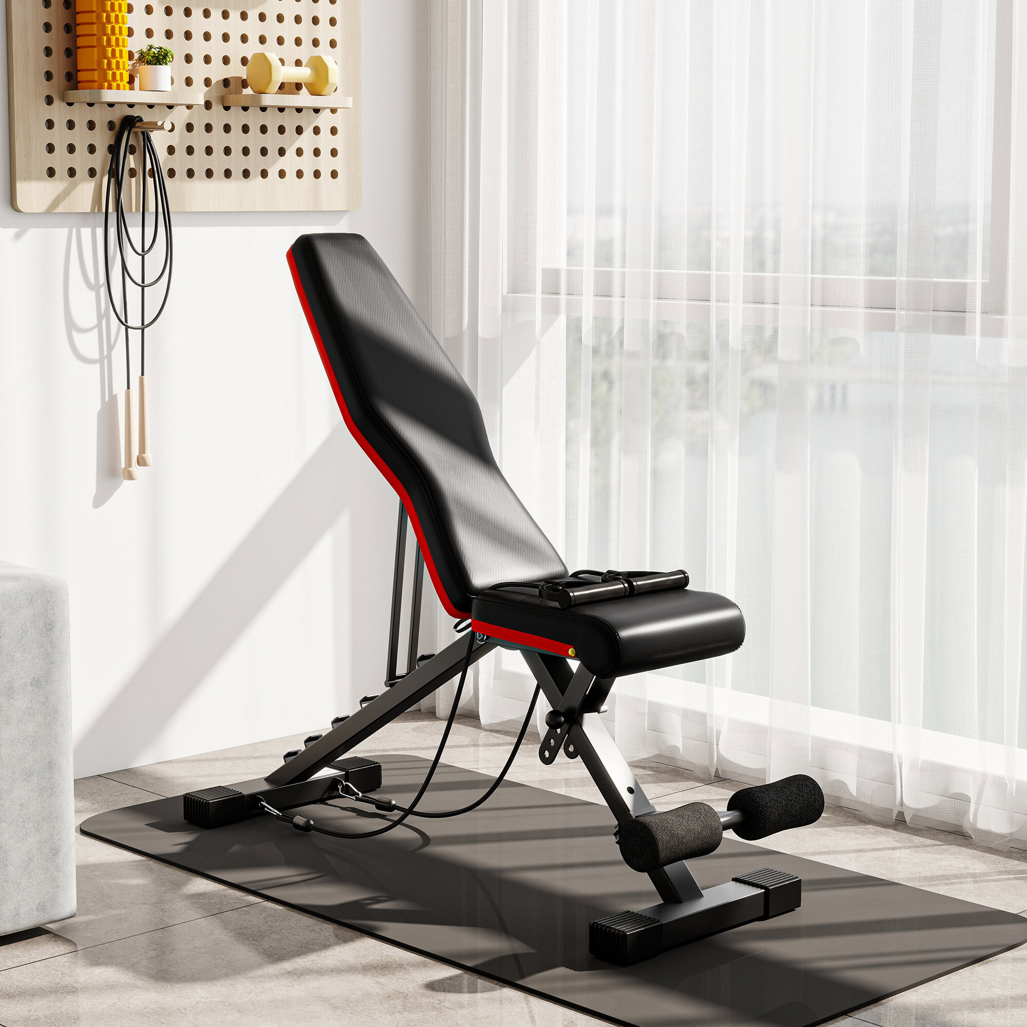 Banco de Musculación Plegable, Banco de Pesas, Respaldo y Asiento Ajustables, Extensión de Pierna, Cojín de Predicador y Banda de Resistencia, para Entrenamiento Completo, Gimnasio en Casa