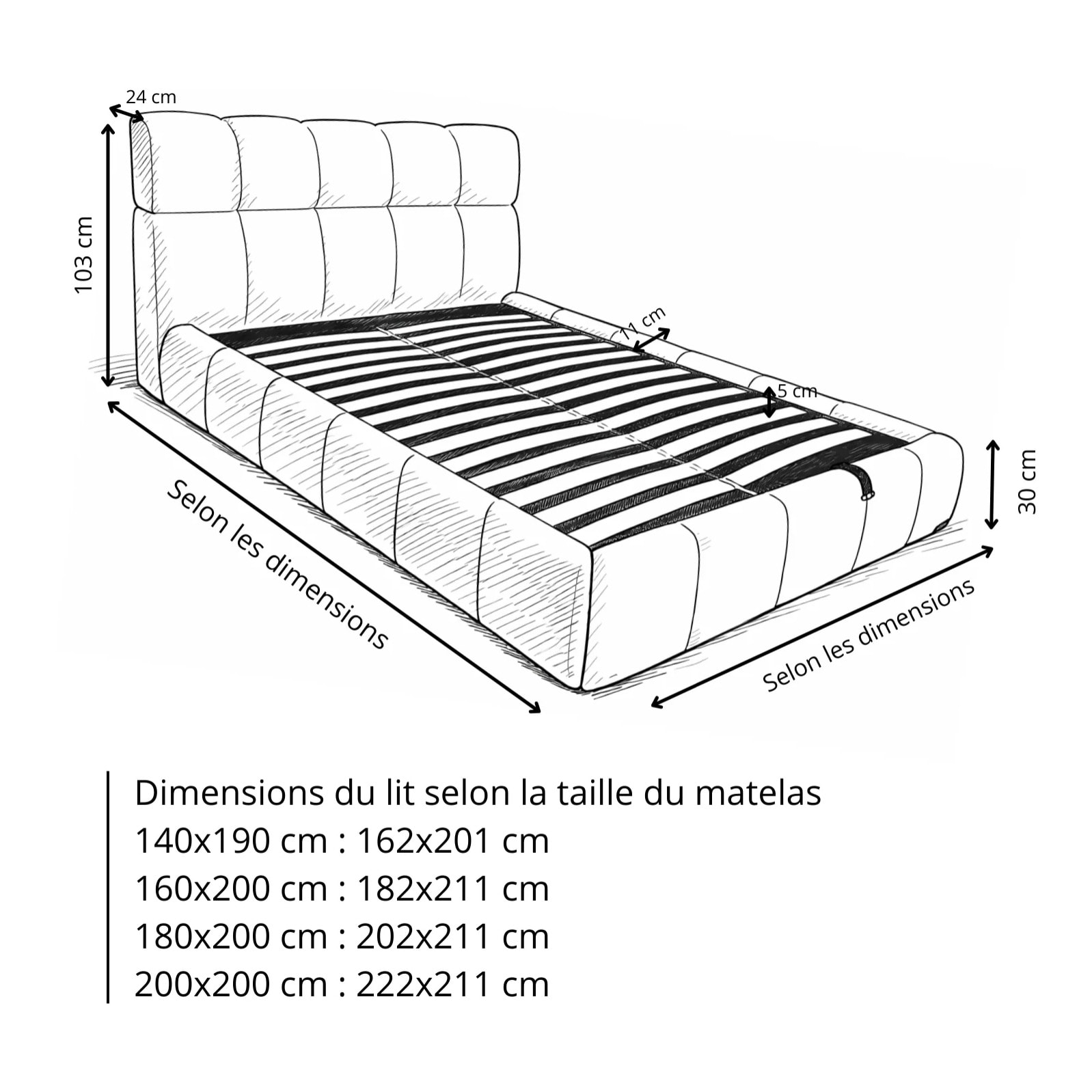 Lit coffre Aneto avec tête de lit en tissu chenille gris