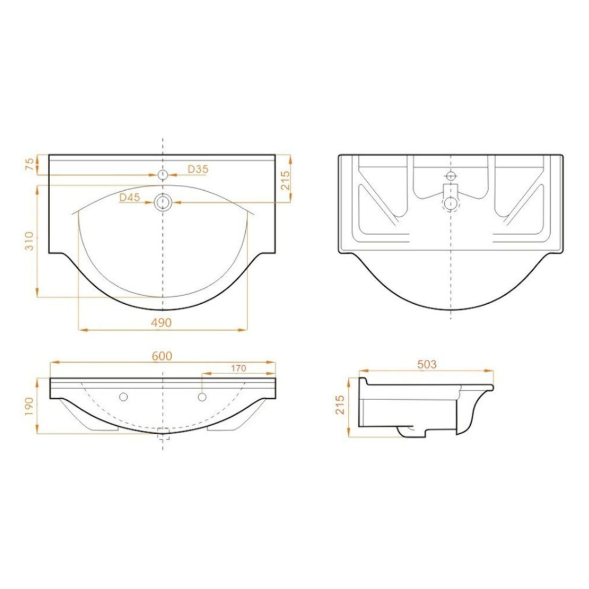 Pro 61x51 cm lavabo suspendu en céramique avec un trou pour mitigeur au milieu, sans siphon ni mitigeur, blanc (HA5660)