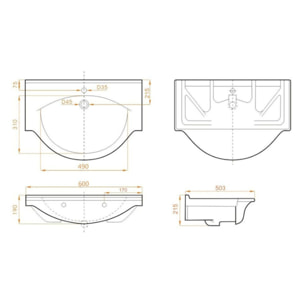 Pro 61x51 cm lavabo suspendu en céramique avec un trou pour mitigeur au milieu, sans siphon ni mitigeur, blanc (HA5660)