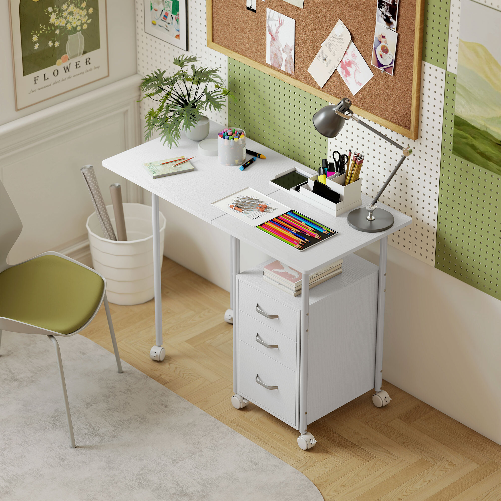 Bureau pliable sur roulettes avec rangement 3 tiroirs dim. totales 105x51x75,5cm métal effet bois blanc