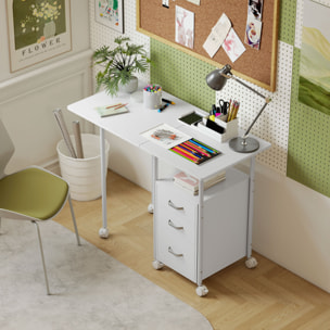 Bureau pliable sur roulettes avec rangement 3 tiroirs dim. totales 105x51x75,5cm métal effet bois blanc
