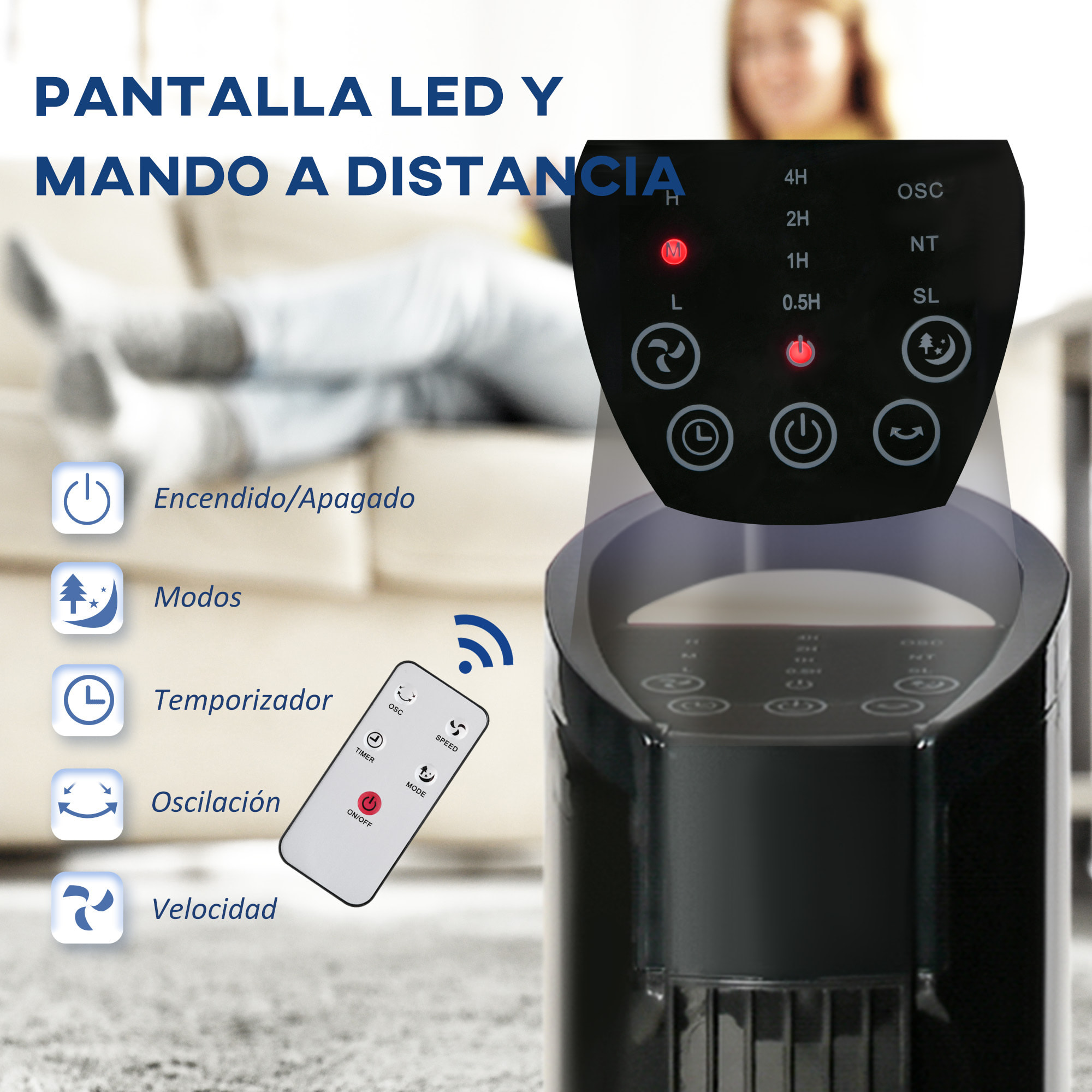 Ventilador de Torre Ventilador Vertical 50W con Mando a Distancia 3 Velocidades Pantalla LED Temporizador 7,5h y Oscilante 70° Ø20x78,5 cm