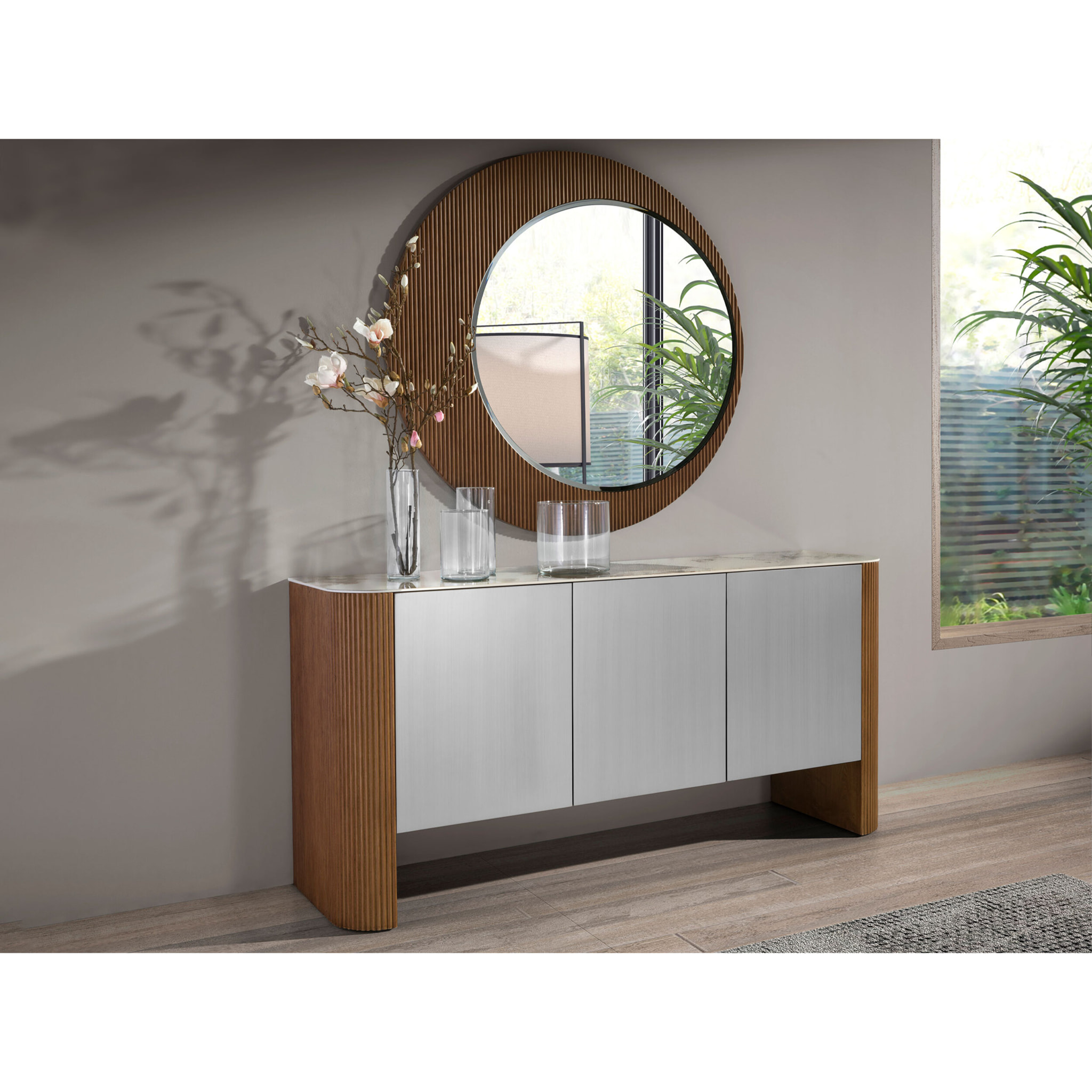 Aparador Angel Cerdá con estructura de Madera MDF lacada en plata y patas de madera en nogal 160x45x80cm