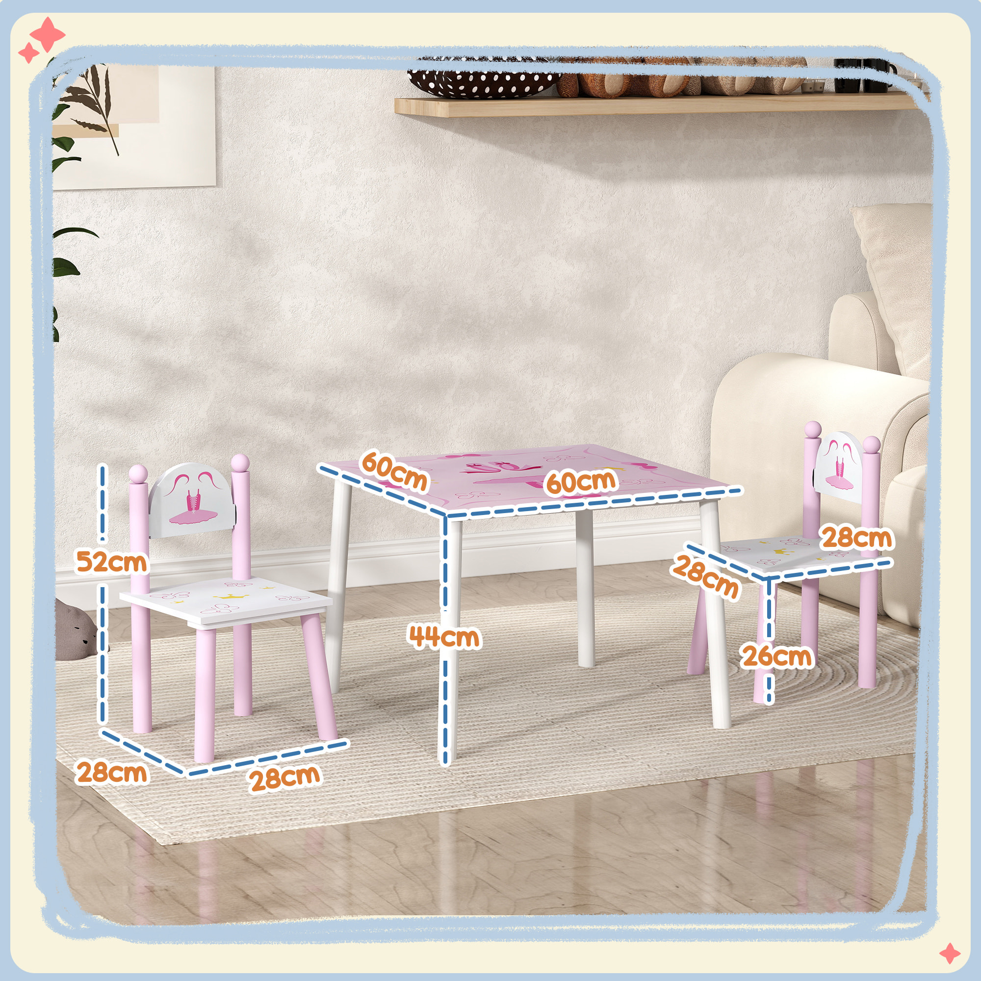 Mesa y Sillas Infantiles para Niños de 2-5 Años Mesa Infantil con Sillas de 3 Piezas Estilo Princesa para Sala de Juegos Dormitorio Guardería Rosa y Blanco