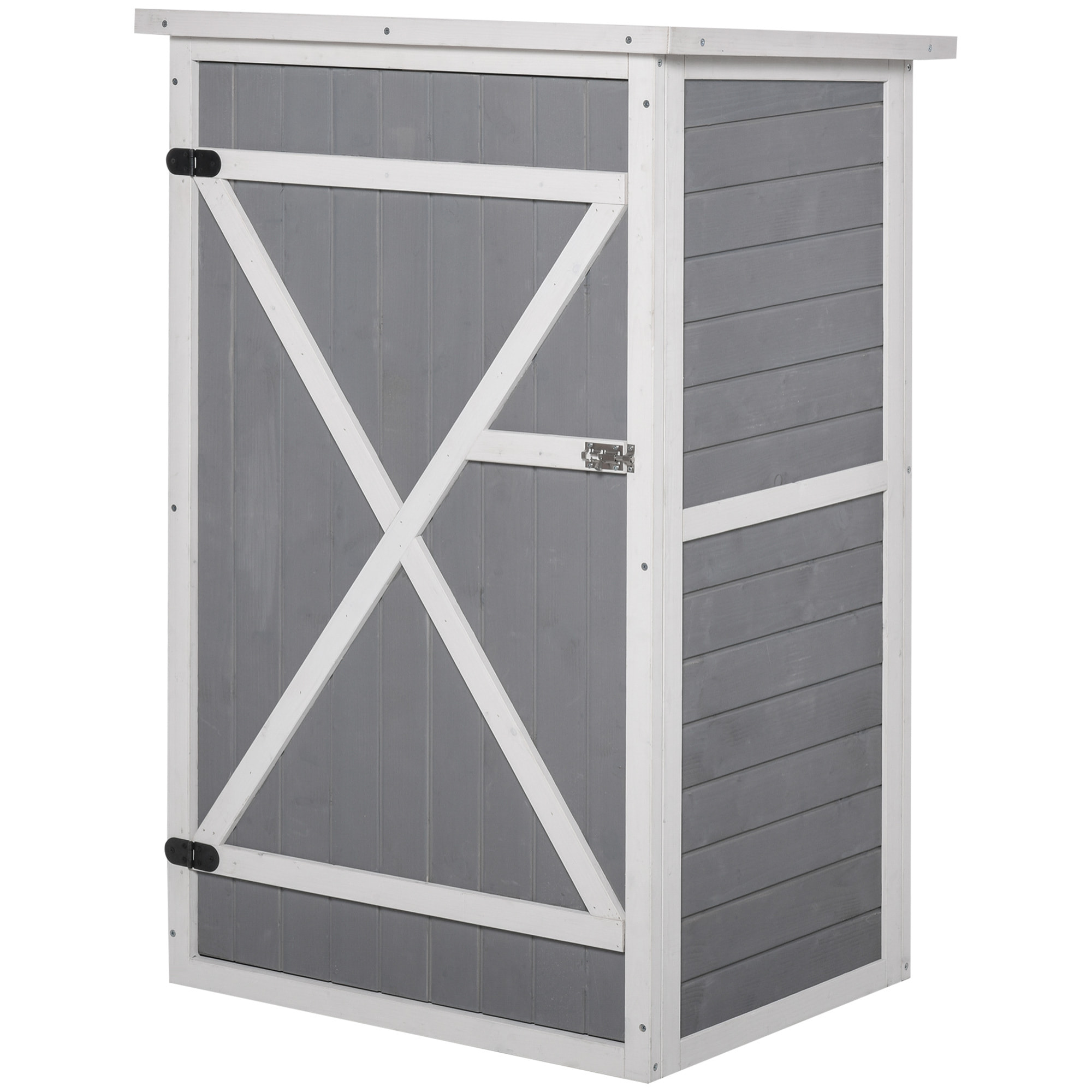 Armoire abri de jardin remise pour outils - grande porte verrouillable loquet - 2 étagères - toit bitumé incliné bois de sapin blanc gris