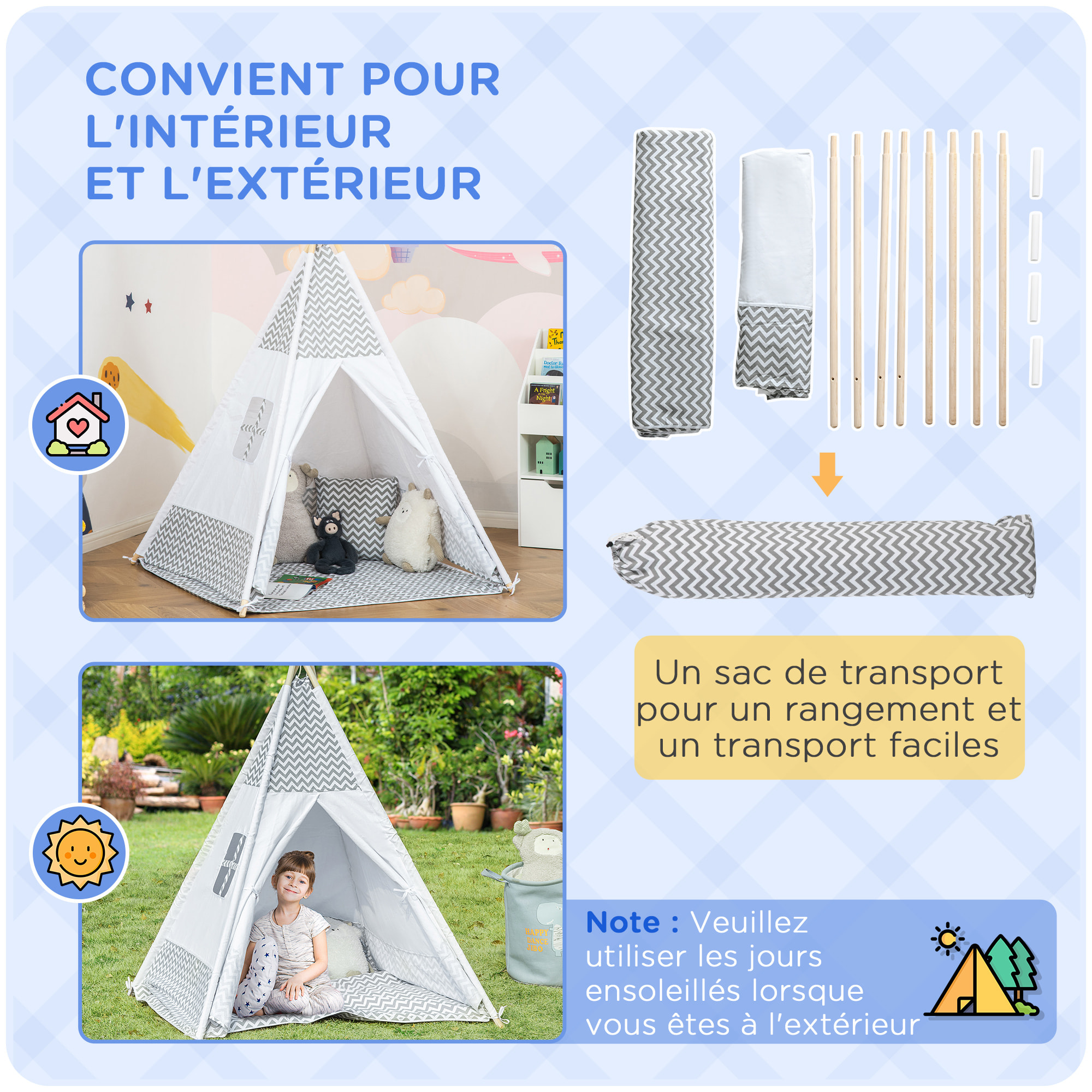 Tente teepee indien enfant style graphique - dim. 1,2L x 1,2I x 1,55H m - porte refermable, fenêtre, tapis, coussin, sac transport inclus - structure bois, toile polyester coton gris blanc