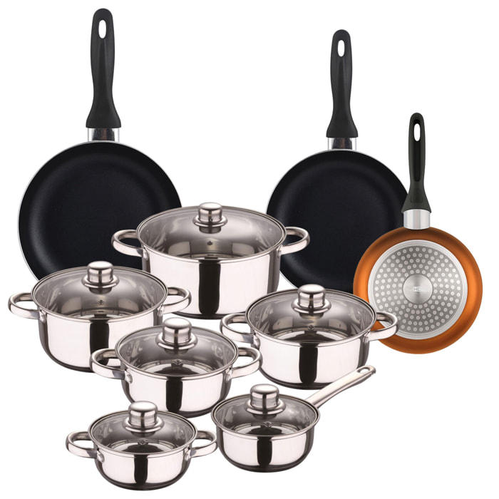 set de batería de cocina de 12pc en acero inoxidable + 3 sartenes ø16ø20ø24cm cobre metalizado en aluminio prensado