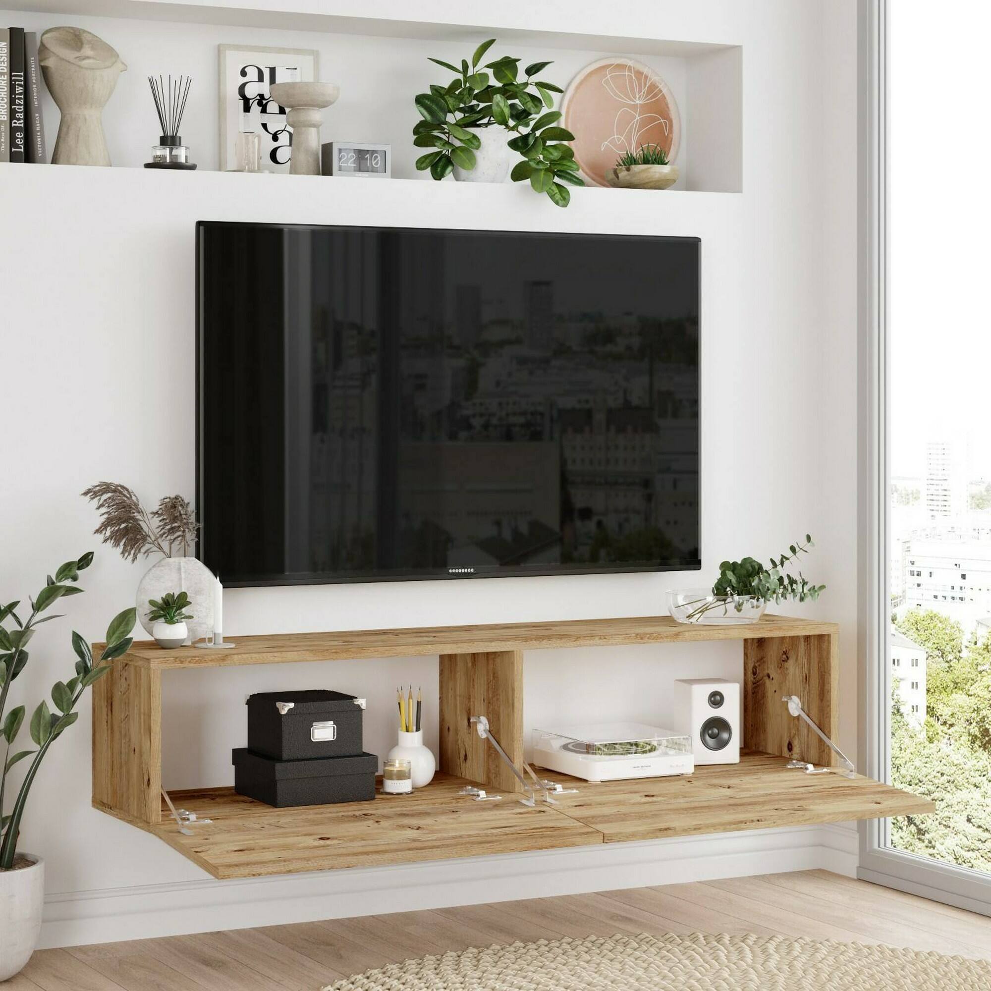 Mobile porta TV Dabubaka, Credenza da soggiorno, Armadio basso per TV, Base parete attrezzata, 140x32h29 cm, Quercia