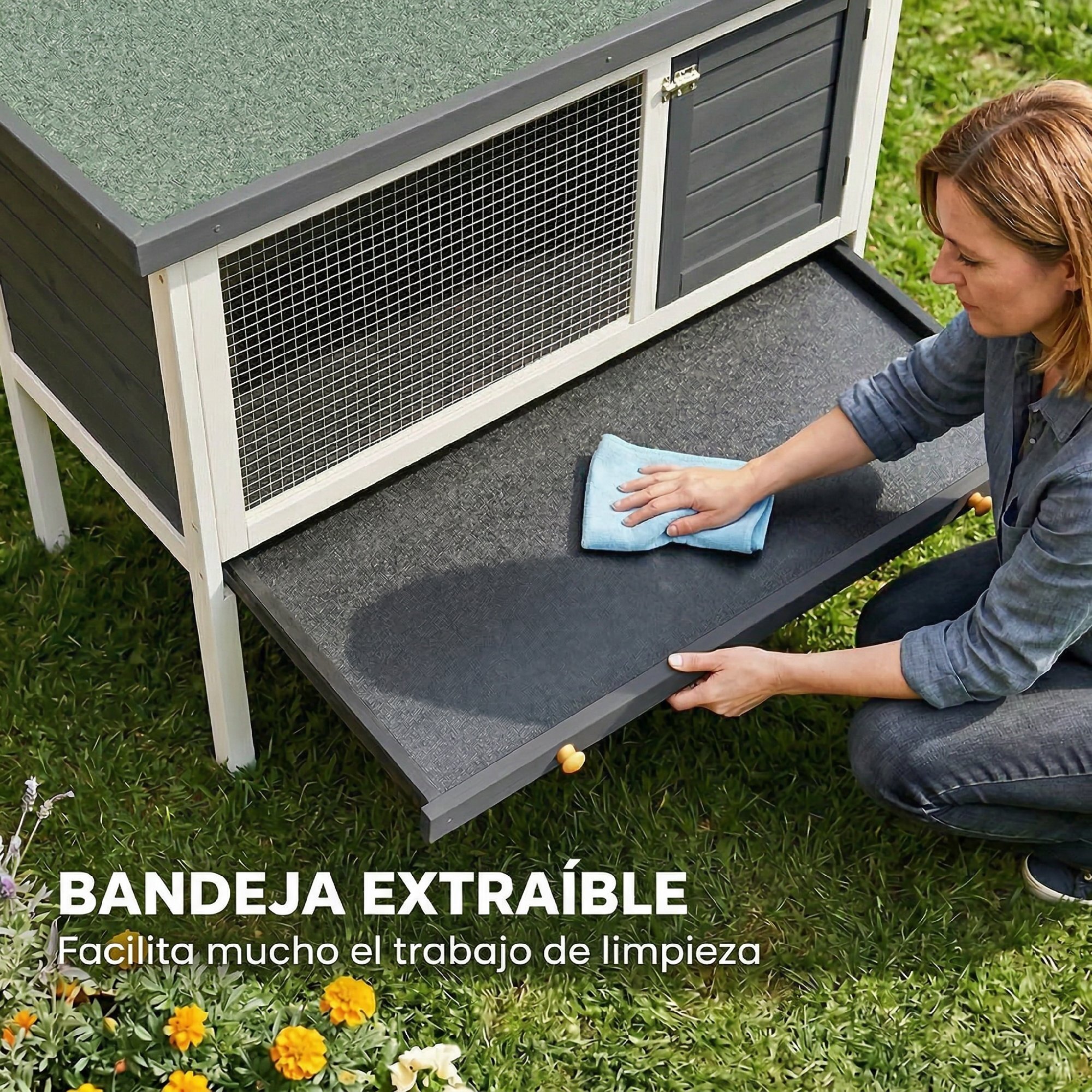 Conejera de Madera, Jaula para Conejos Medianos con Techo Asfáltico Abatible, Bandeja Extraíble, Puerta con Pestillo, Conejera Elevada Exterior, para Cobayas y Chinchillas, 90x45x65 cm, Gris