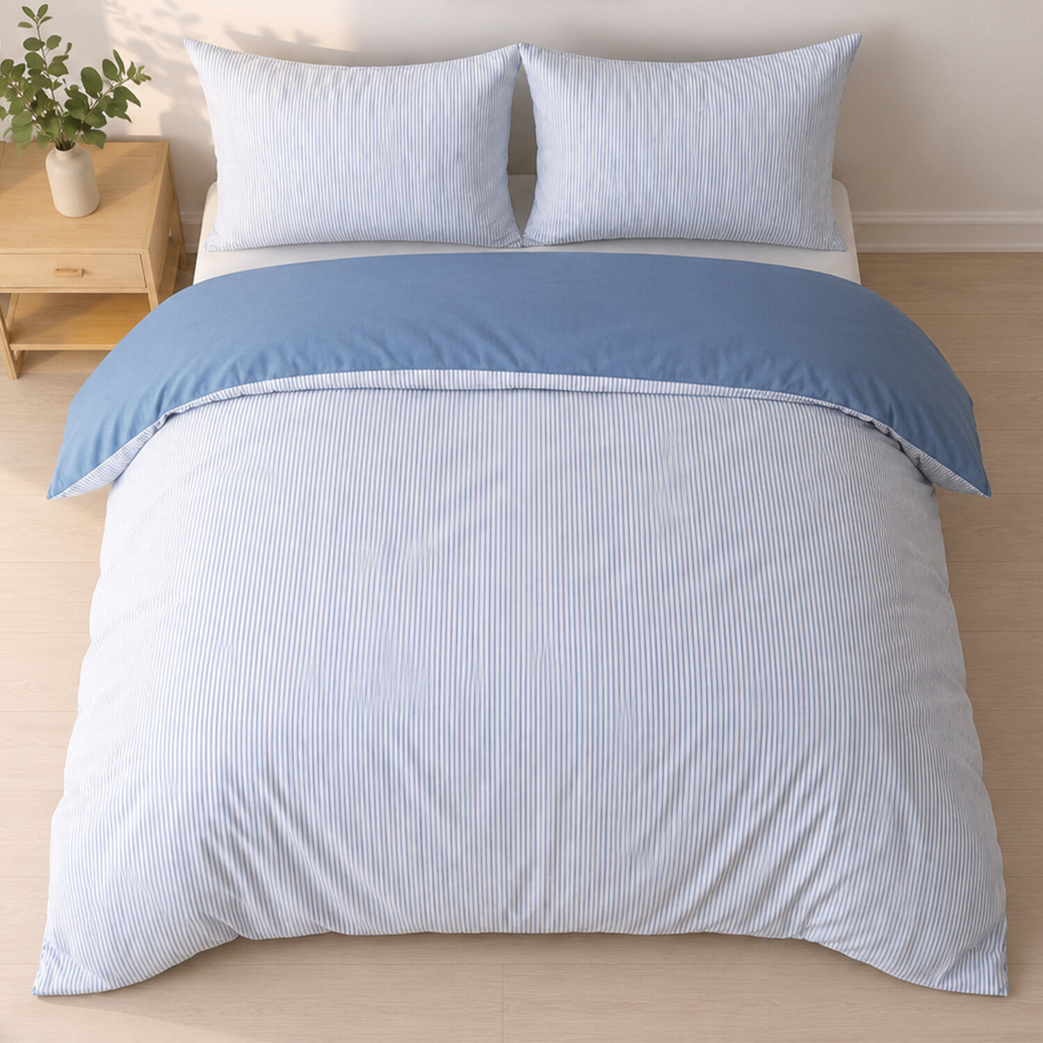 Parure housse de couette mini seersucker rayures demin bleu, MILLERAY