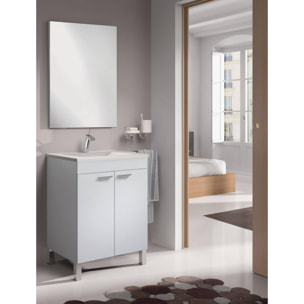 Mobile sottolavabo Naperville, Mobiletto per bagno, Armadio a 2 ante con specchio, lavabo non incluso, cm 60x45h80, Bianco lucido