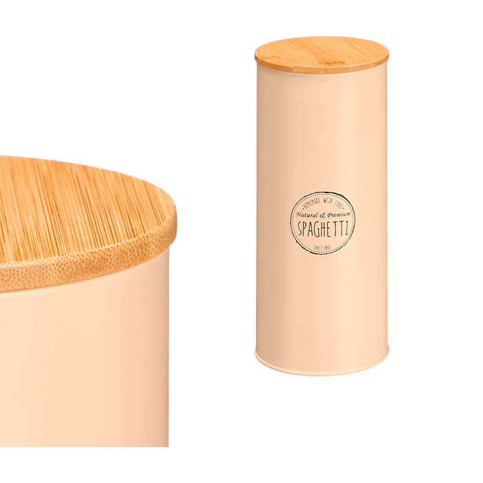 Barattolo alto beige con coperchio in bamboo. Design "Spaghetti".