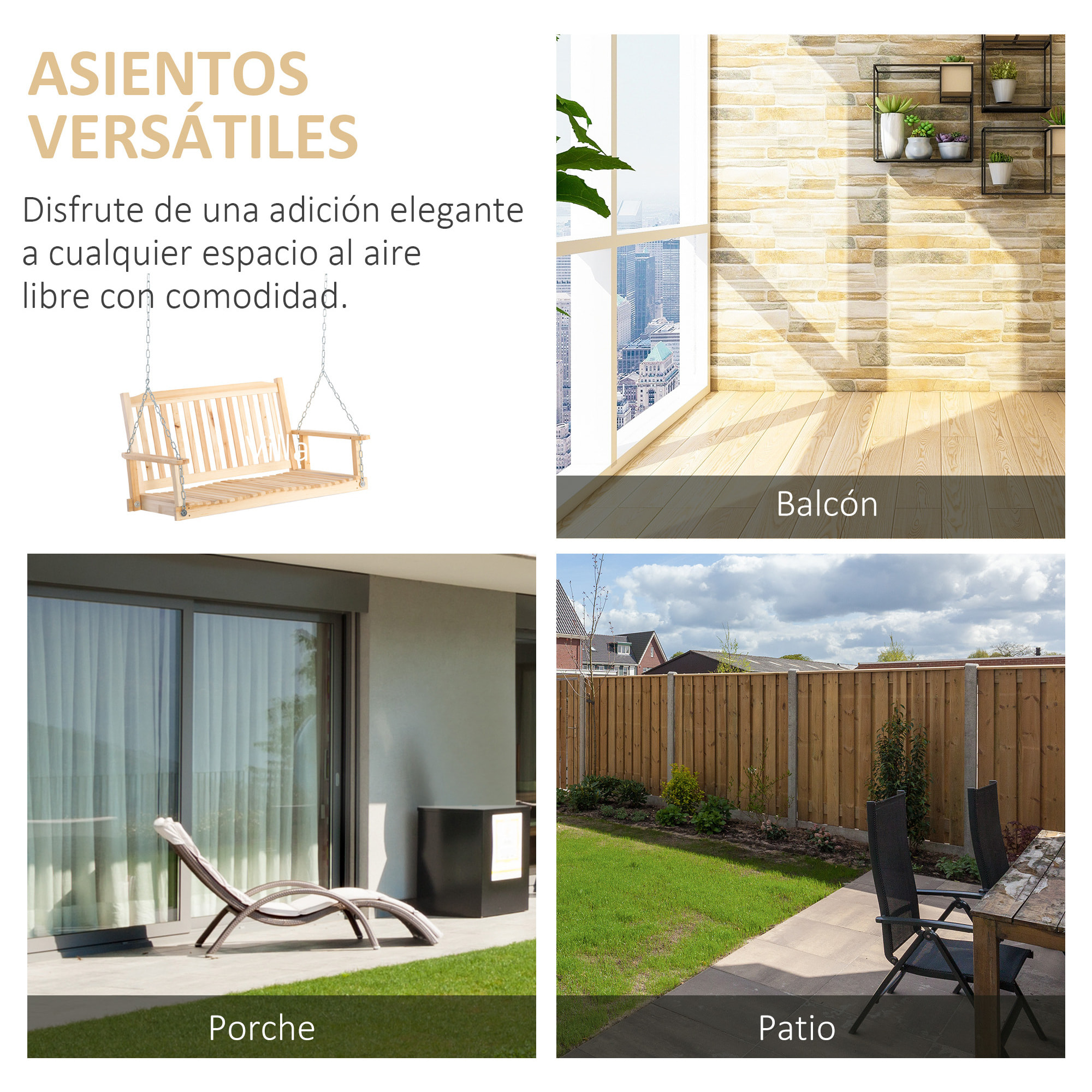 Banco Columpio de Madera de 2 Plazas Banco Balancín Colgante con Reposabrazos Cadenas Ajustables y Diseño Listones Carga 200 kg para Jardín Terraza Balcón 117x69x60 cm Natural