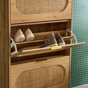 Meuble à chaussures décor bois et cannage 3 tiroirs. poignées en métal - L 75 x P 26 x H 131 cm - Eva