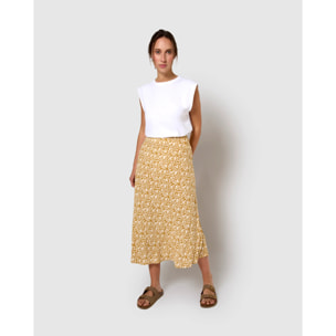 Falda midi bambula detalles plisados telma ocre