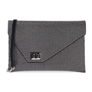 Pochette nera-argento in microfibra con pietre