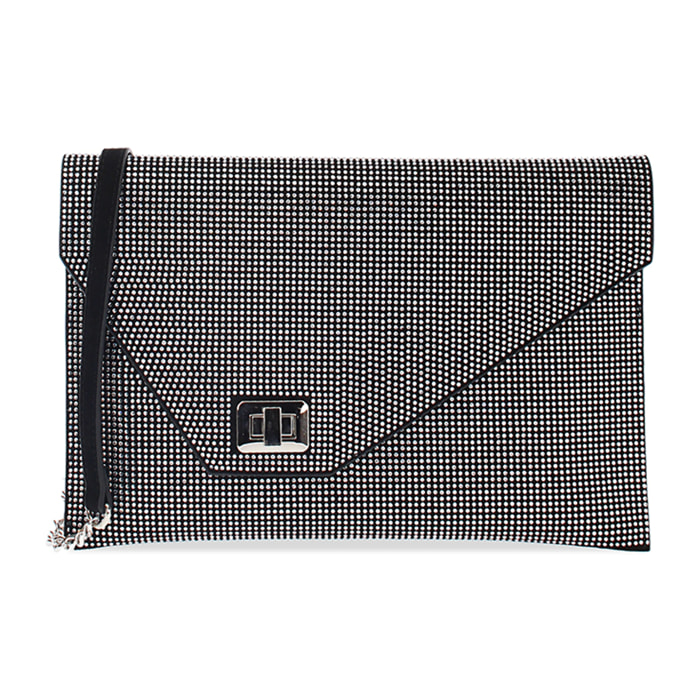 Pochette nera-argento in microfibra con pietre