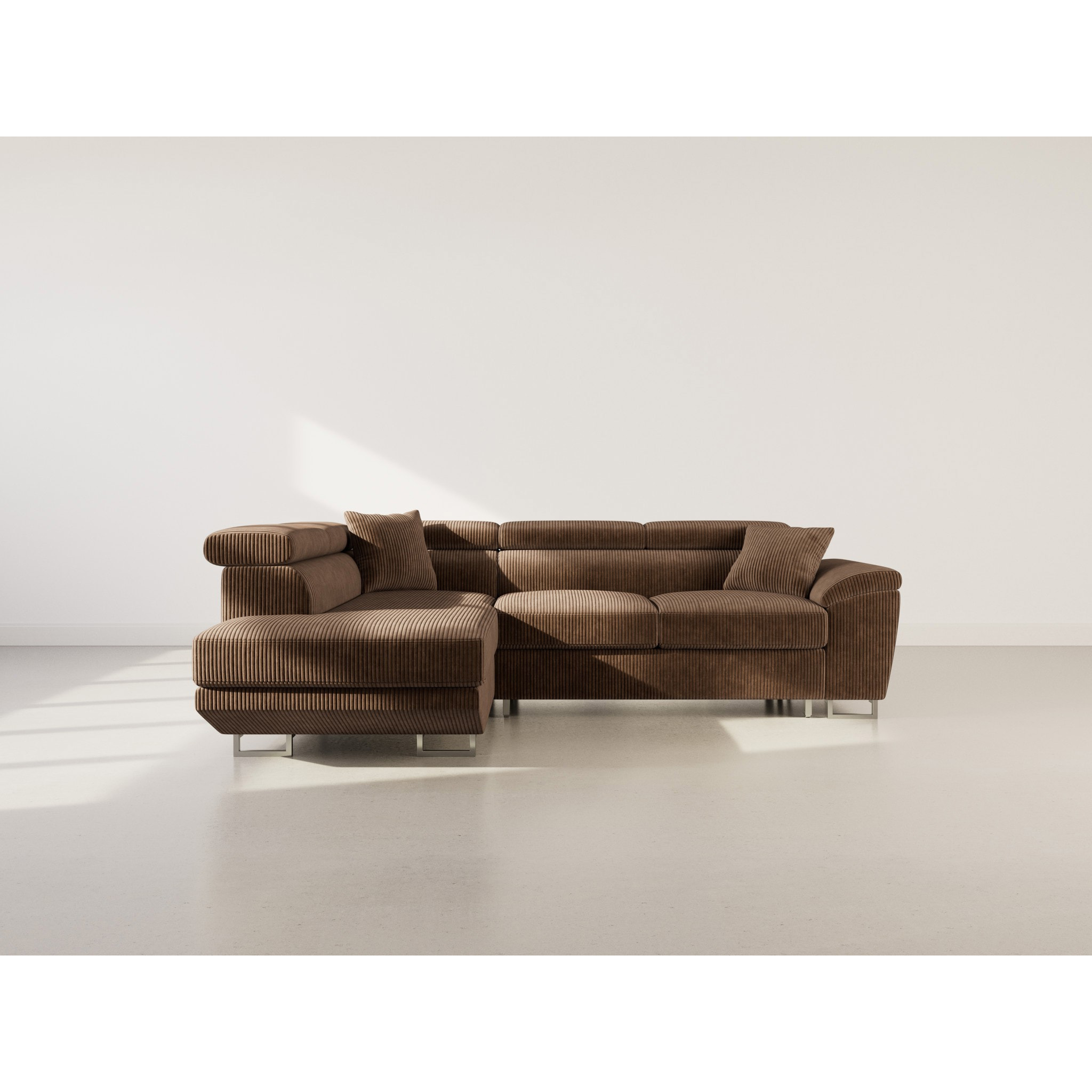 Baoji - Canapé d'angle gauche 5 places convertible avec têtières et coffre en velours côtelé - Marron