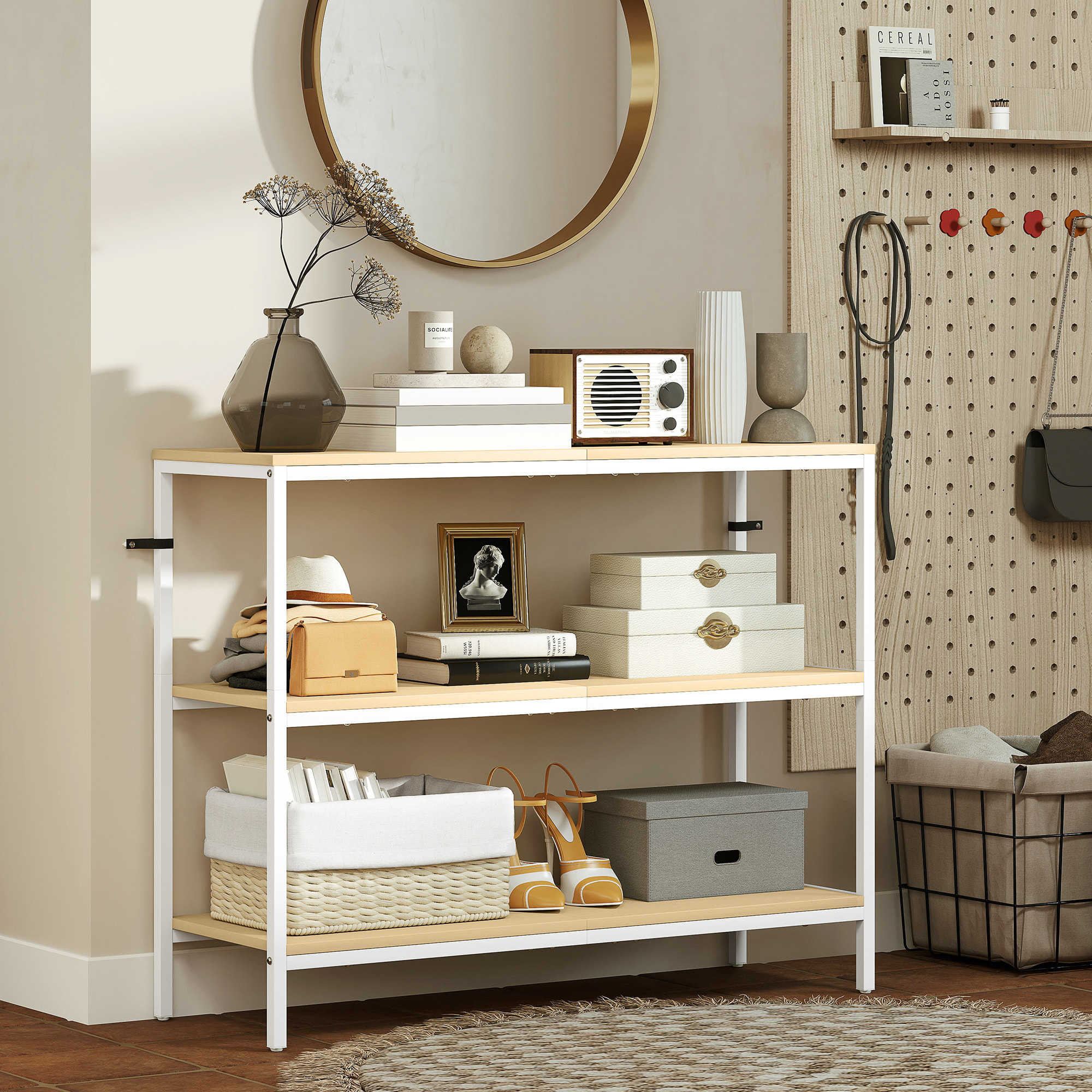 Mesa de Consola Estrecha Consola de Recibidor Mesa de Recibidor Moderna con 3 Estantes Abiertos y Patas de Metal para Pasillo Entrada Salón Dormitorio Natural y Blanco