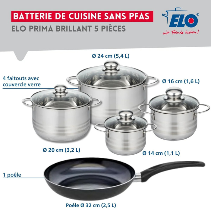 Ensemble de 1 Poêle de cuisson 32 cm et 4 faitouts 14, 16, 20 et 24 cm Elo Prima Brillant