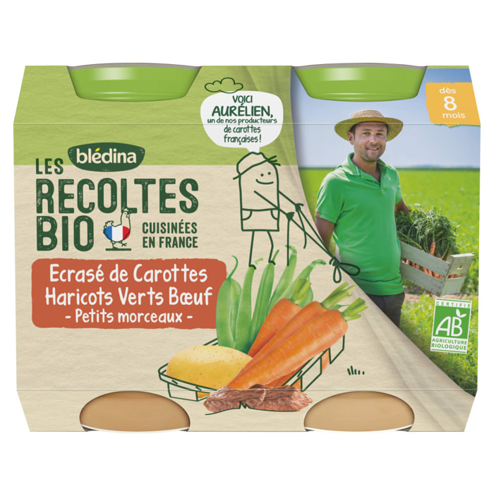 6x2 Petits Pots Ecrasé de Carottes, Haricots verts et Bœuf - Bledina Les Recoltes Bio - Dès 8 mois