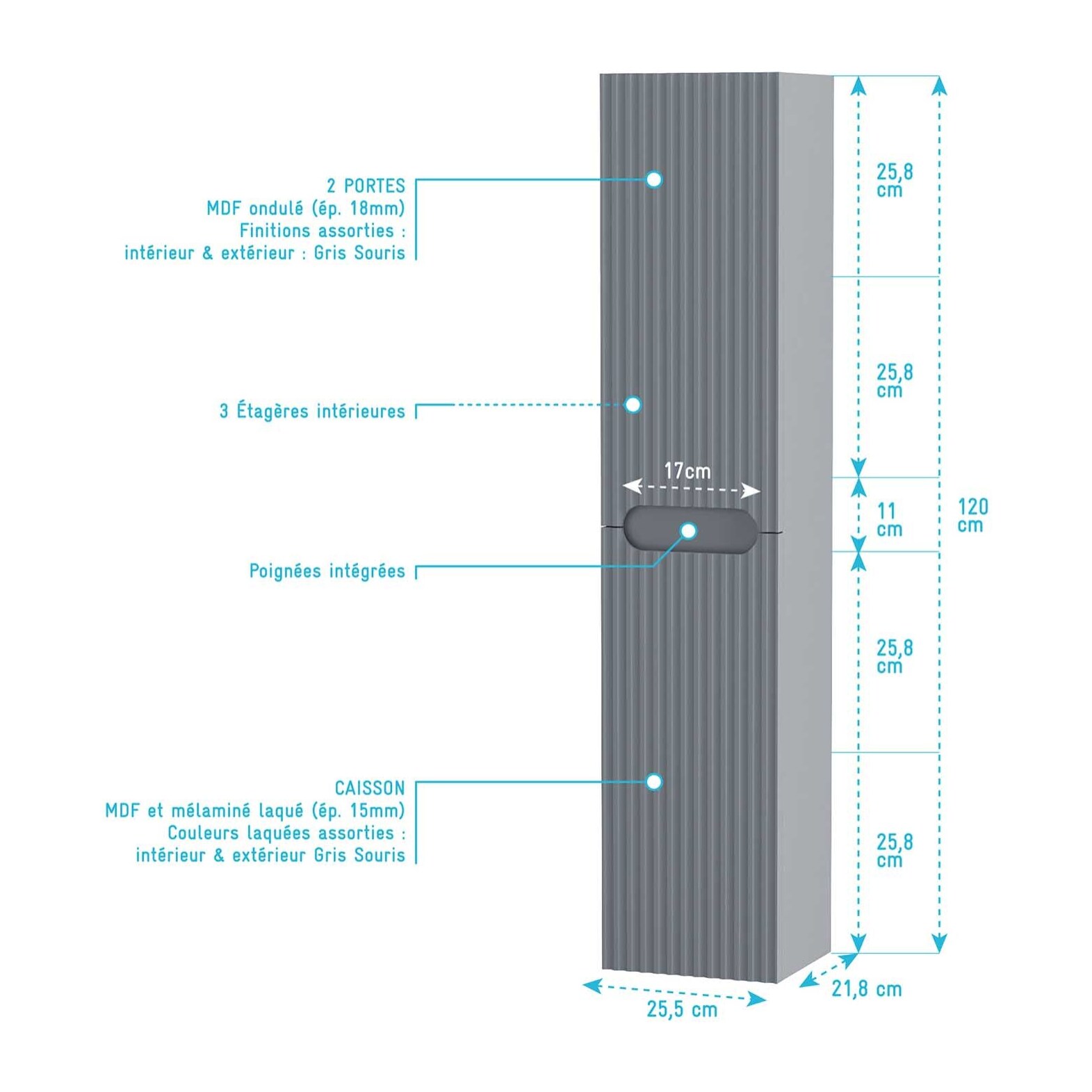 Meuble et colonne de Salle de Bains LEON 80cm Gris souris - Façades Ondulées - Vasque Ronde 36cm