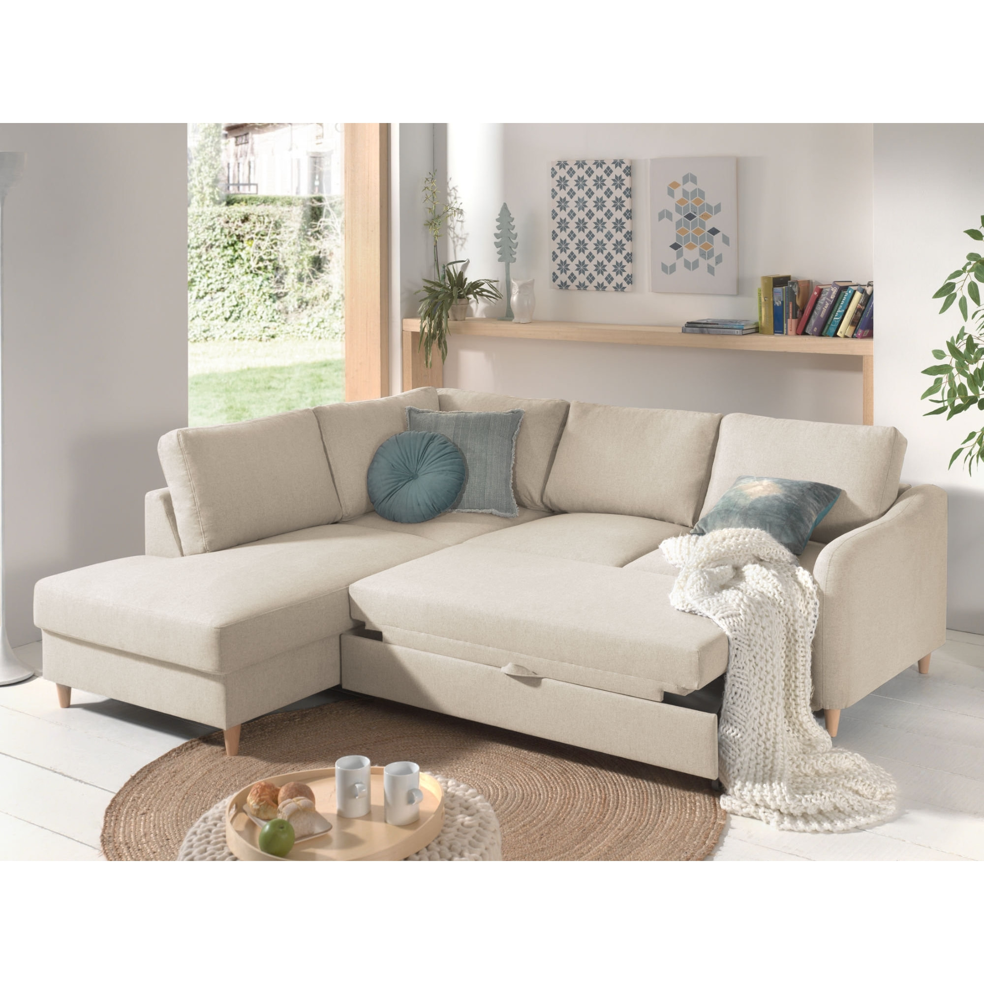 Will - canapé d'angle gauche - convertible - 5 places - en tissu - Beige