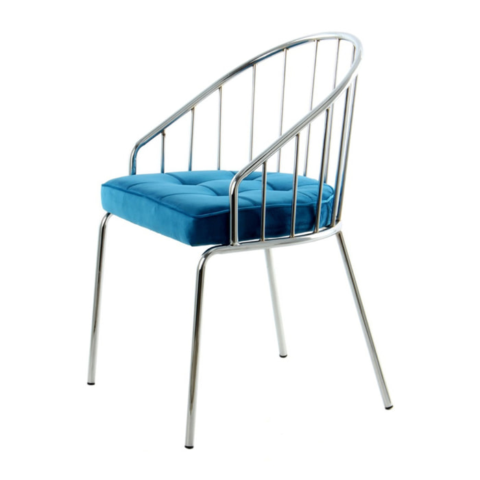 Sedia di design Palma in velluto blu e metallo cromato