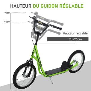 Trottinette patinette pour enfants à partir de 5 ans grands pneus guidon réglable poignée frein et béquille acier vert