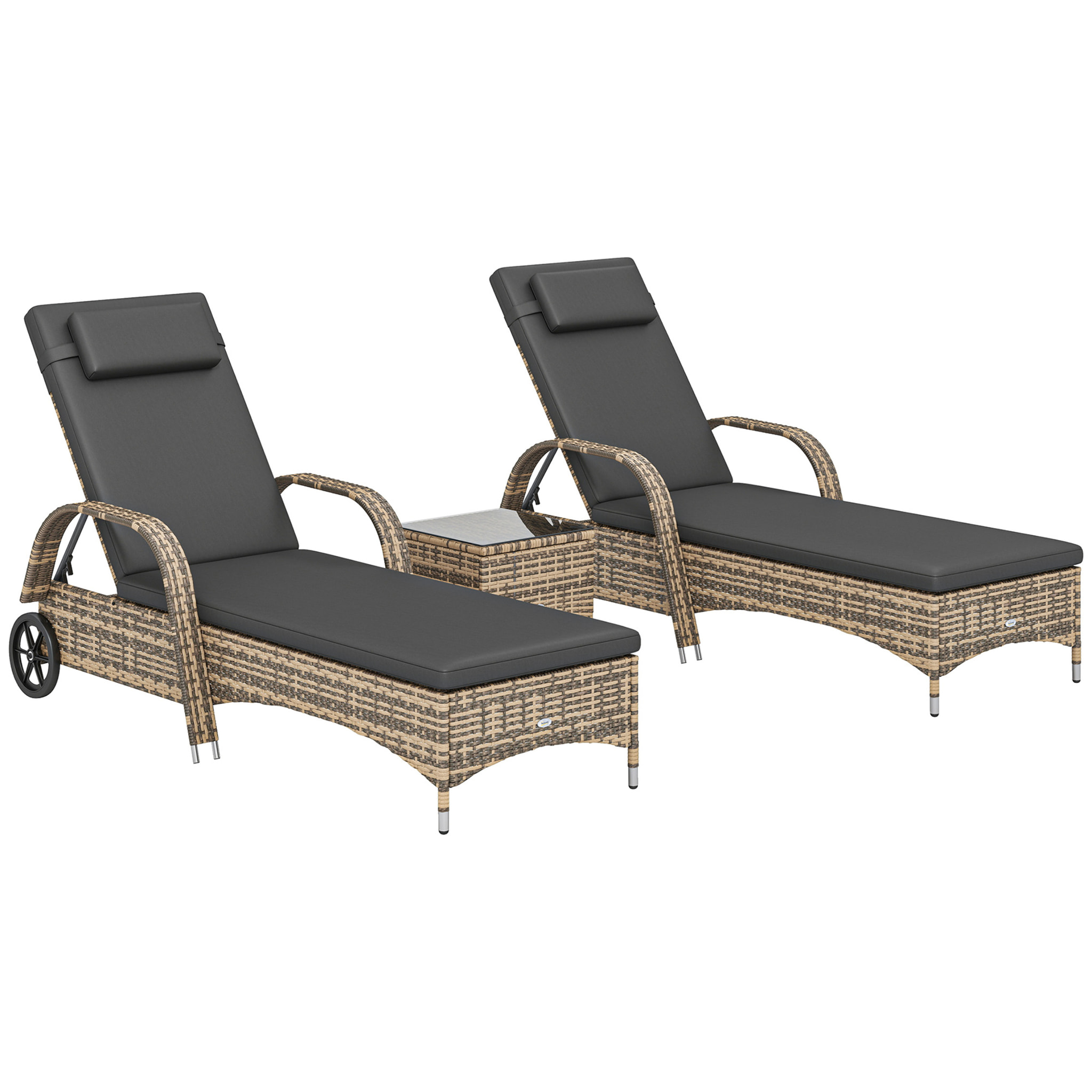 Lot de 2 bains de soleil inclinables tout confort avec table d'appoint résine tressée beige