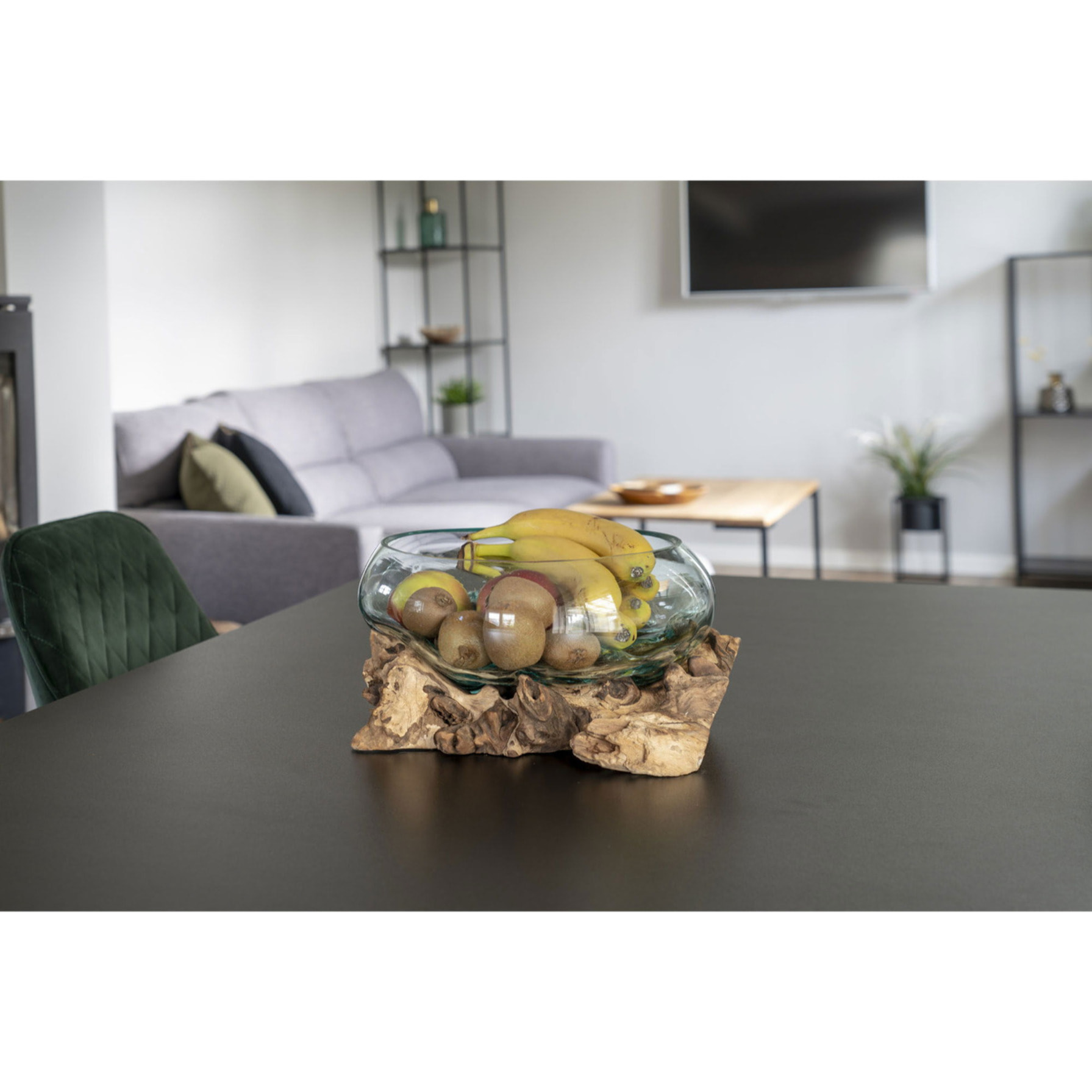 Terrario San Marino in vetro a conca ovale su grande base in radice di teak 26x26xh20 cm