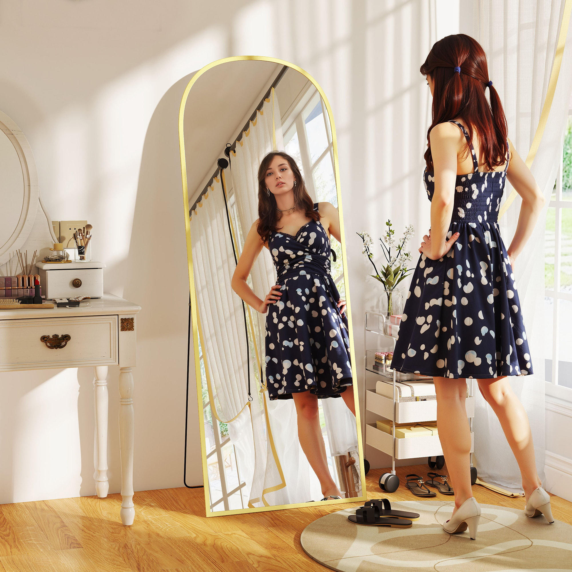 Espejo de Pie Cuerpo Entero 165x60 cm con Marco de Aleación de Aluminio, Espejo de Pared Rectangular para Colgar con Soporte, 2 Formas de Uso, para Salón, Entrada y Dormitorio, Dorado