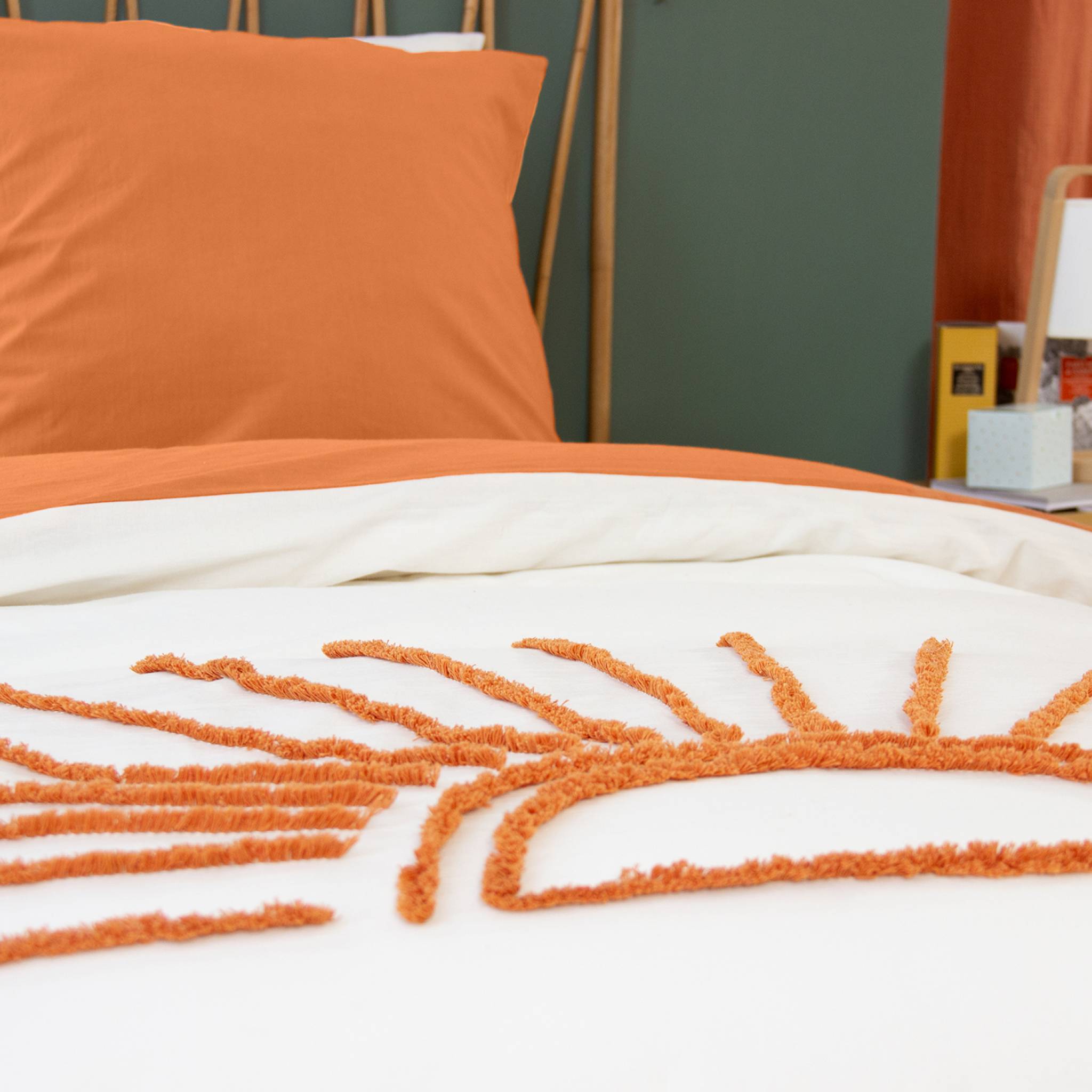 Parure de lit coton tufté réversible imprimé soleil blanc/terracotta 1 place 140 x 200cm - Solino