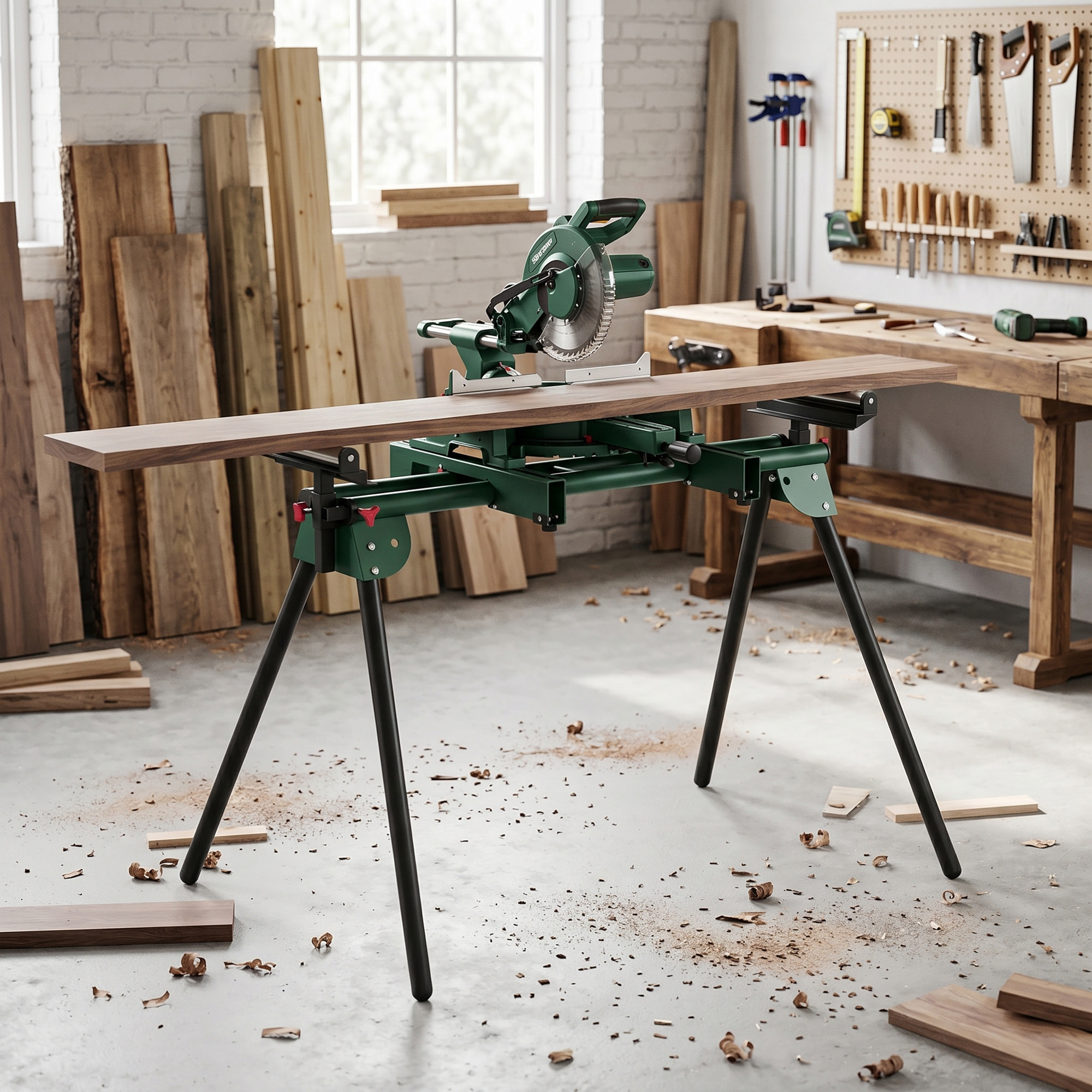 Soporte de Sierra Ingletadora, Universal con Rodillos Extensibles 94-195 cm, Banco de Trabajo Plegable con Altura y Ancho Ajustable, Estructura Metálica Reforzada, Sistema Fijación Carga 150 kg